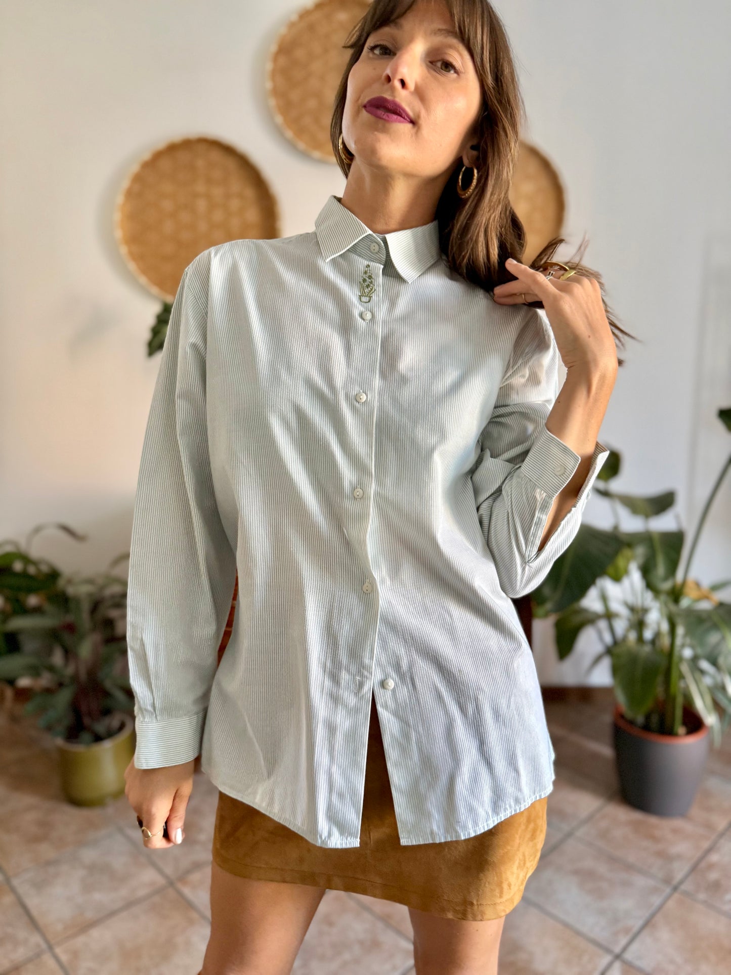 1990's vintage mint green and cream stripe shirt with green floral embroidery