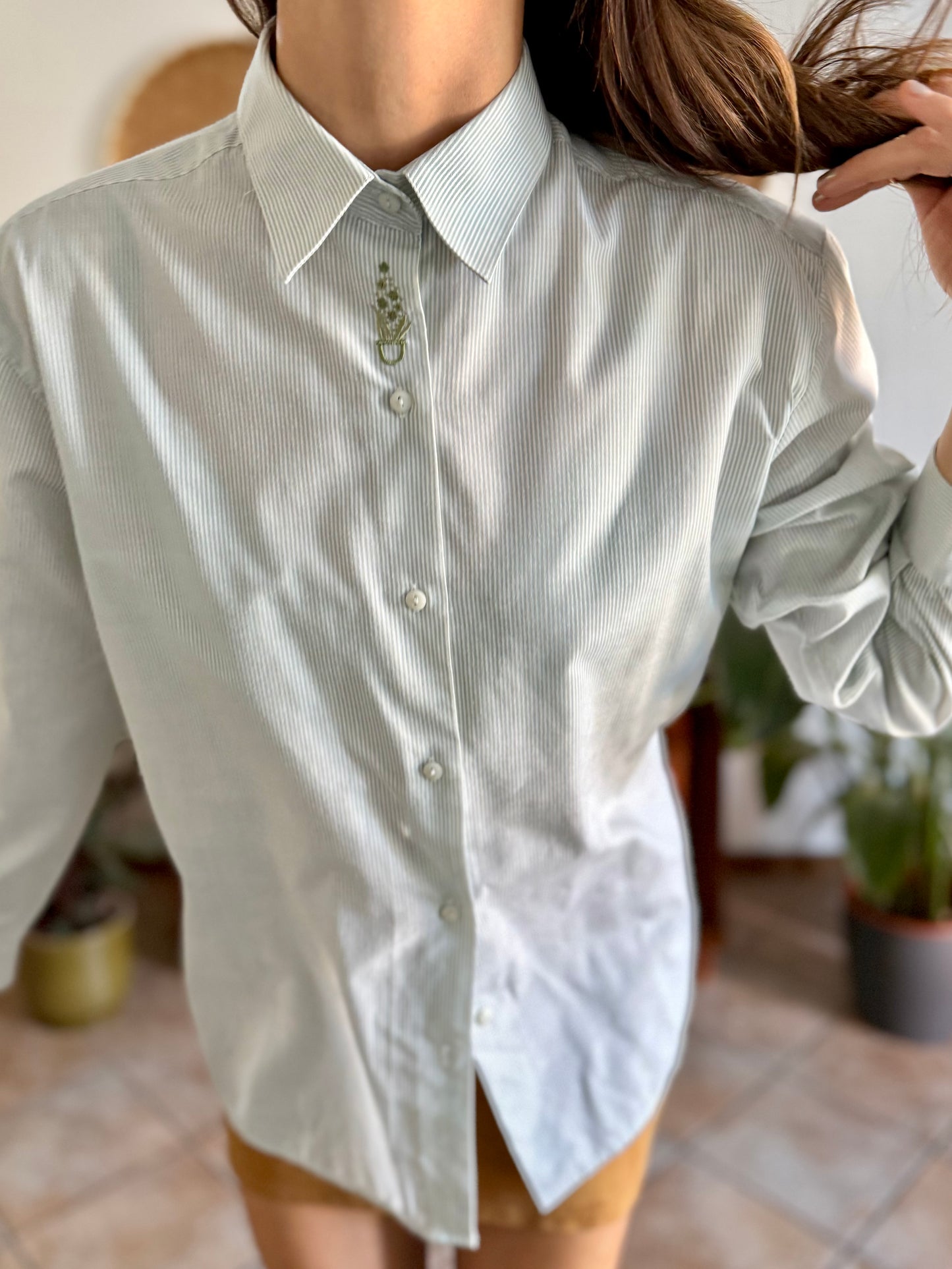 1990's vintage mint green and cream stripe shirt with green floral embroidery