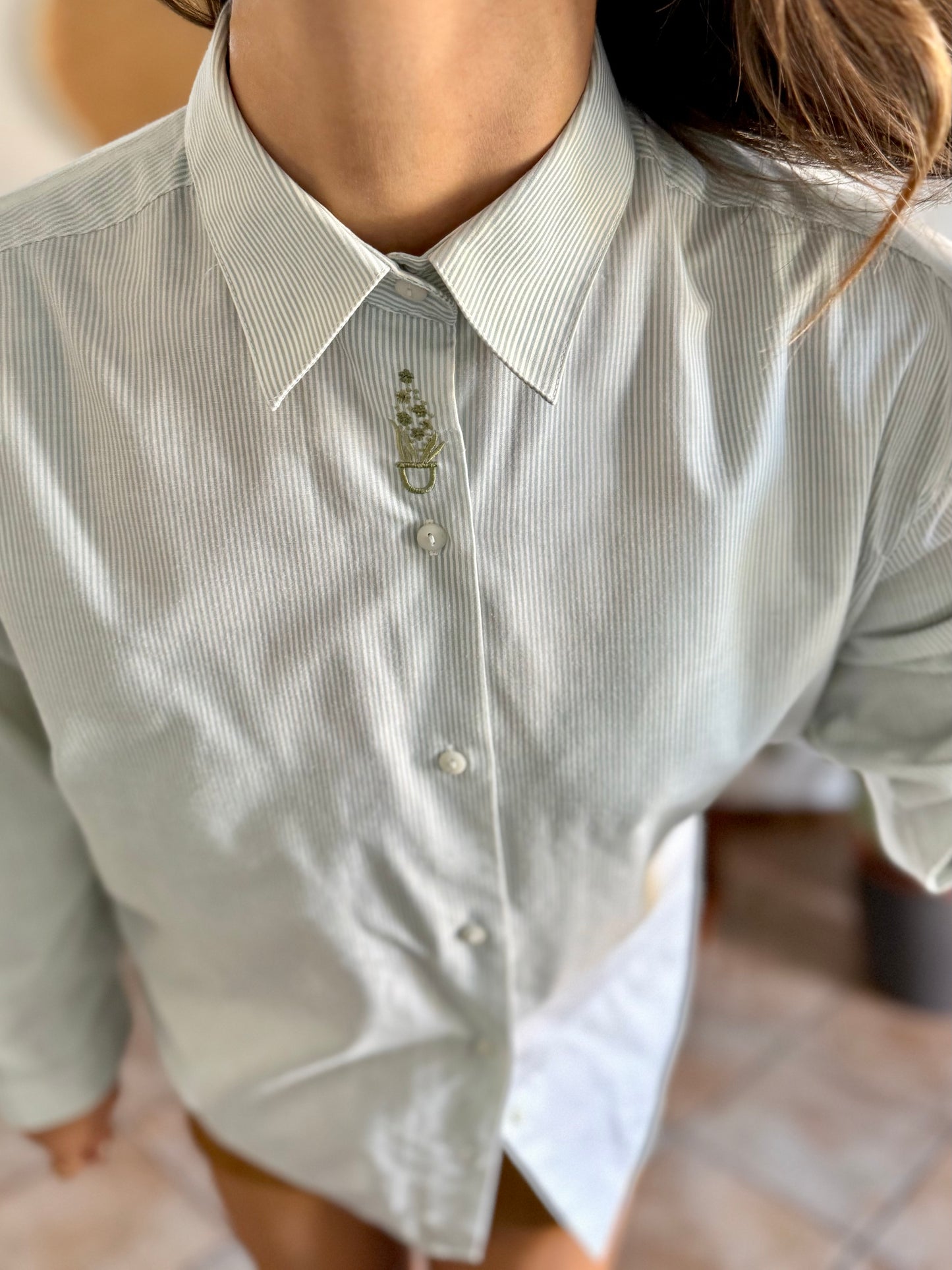 1990's vintage mint green and cream stripe shirt with green floral embroidery