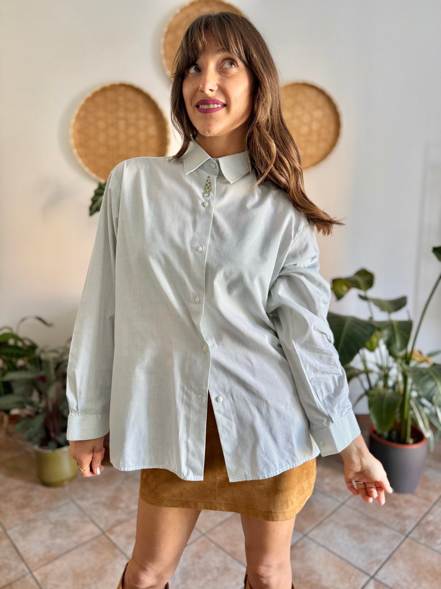 1990's vintage mint green and cream stripe shirt with green floral embroidery