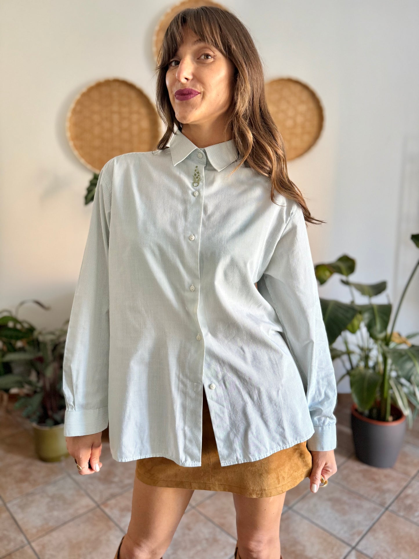 1990's vintage mint green and cream stripe shirt with green floral embroidery