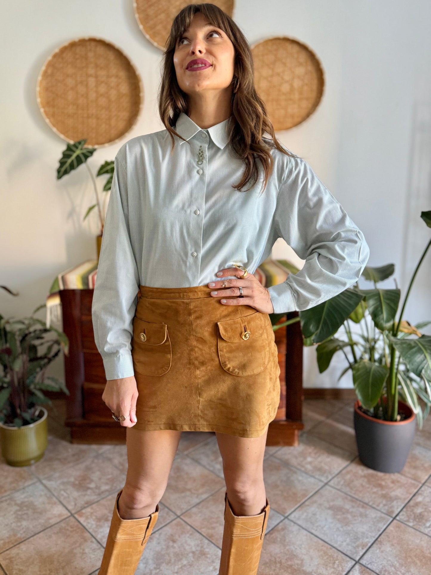 1990's vintage mint green and cream stripe shirt with green floral embroidery