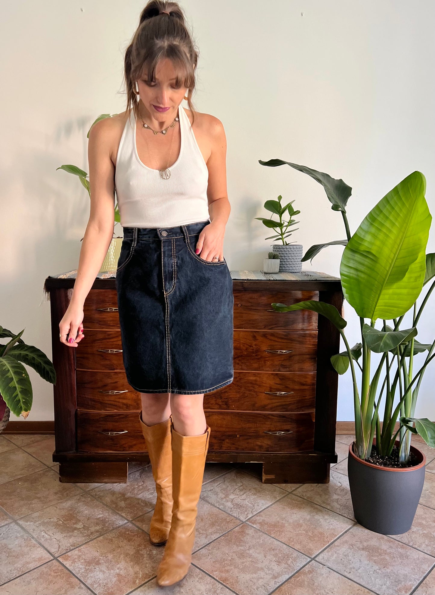1990's vintage dark blue denim pencil skirt