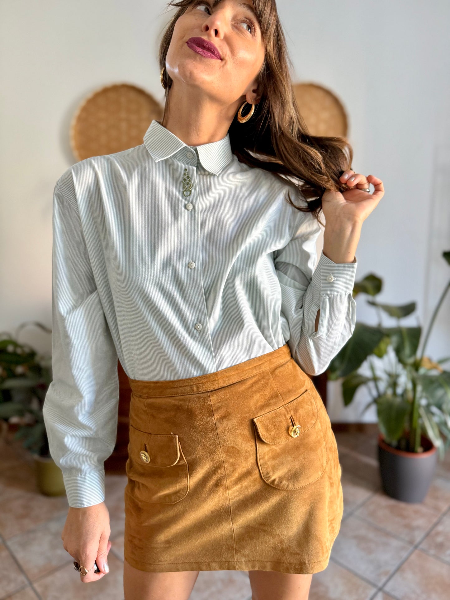 1990's vintage mint green and cream stripe shirt with green floral embroidery