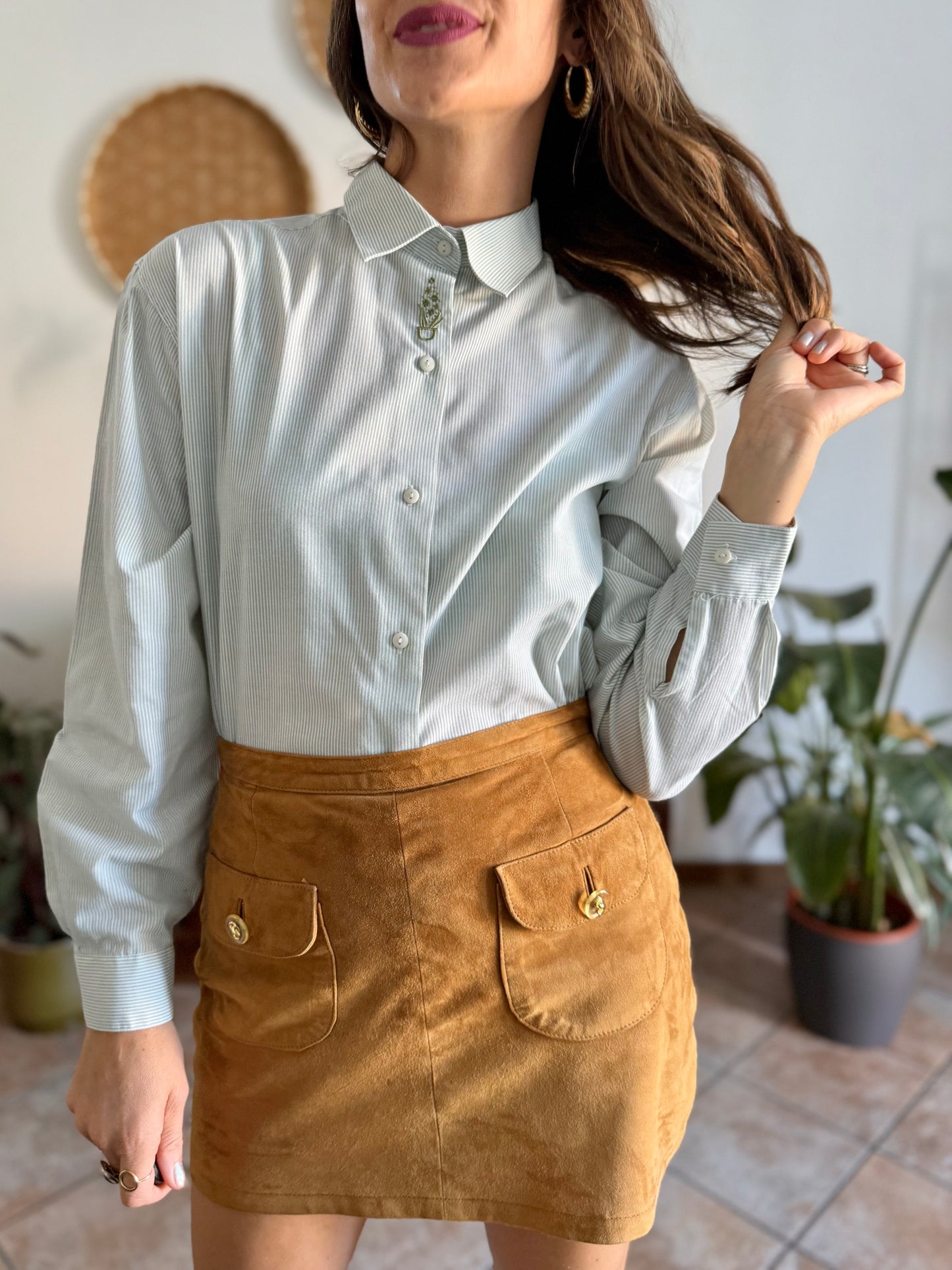 1990's vintage mint green and cream stripe shirt with green floral embroidery