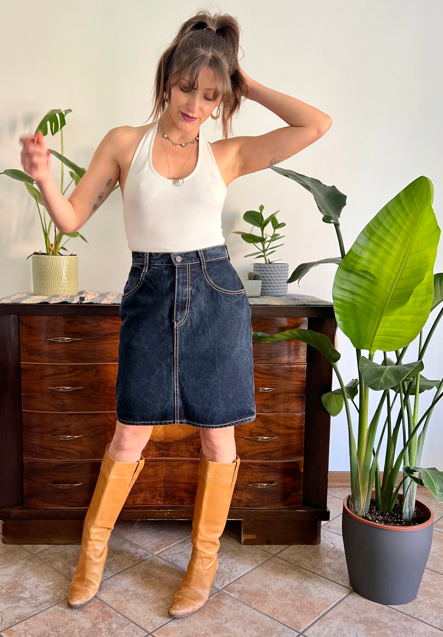 1990's vintage dark blue denim pencil skirt
