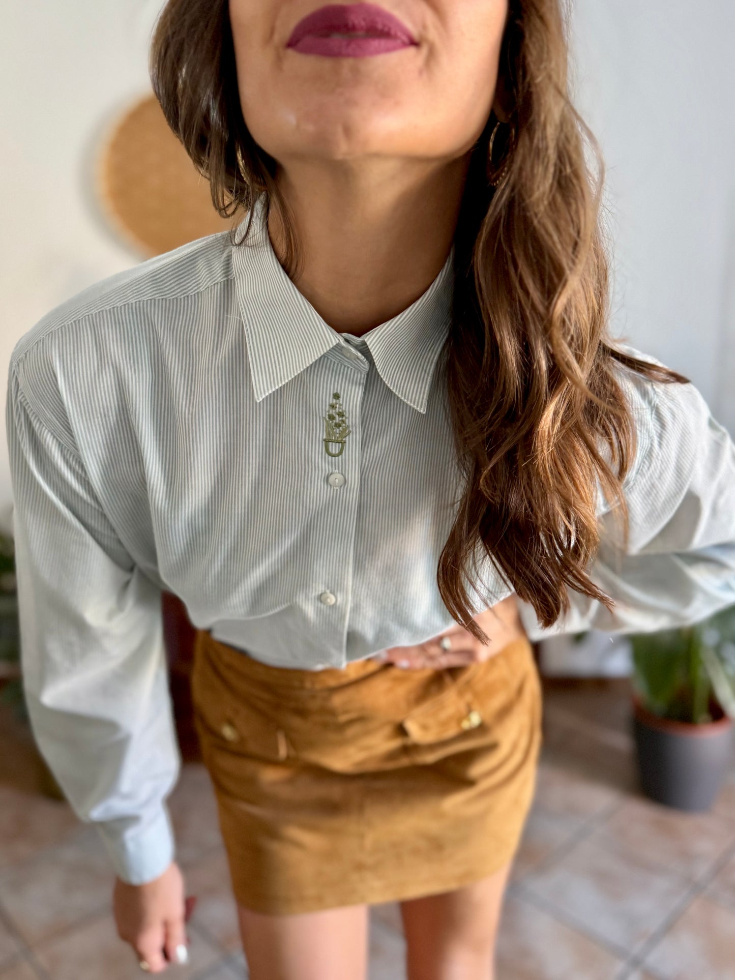 1990's vintage mint green and cream stripe shirt with green floral embroidery