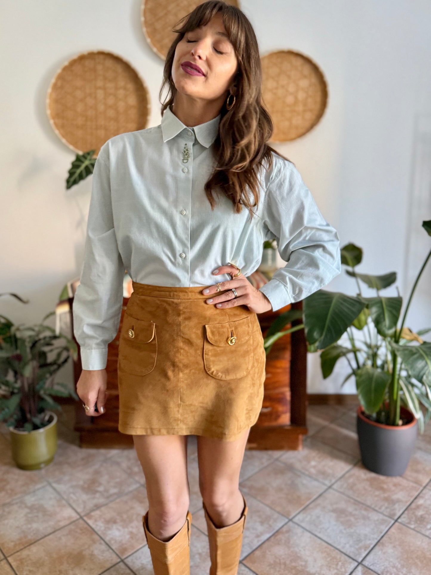 1990's vintage mint green and cream stripe shirt with green floral embroidery