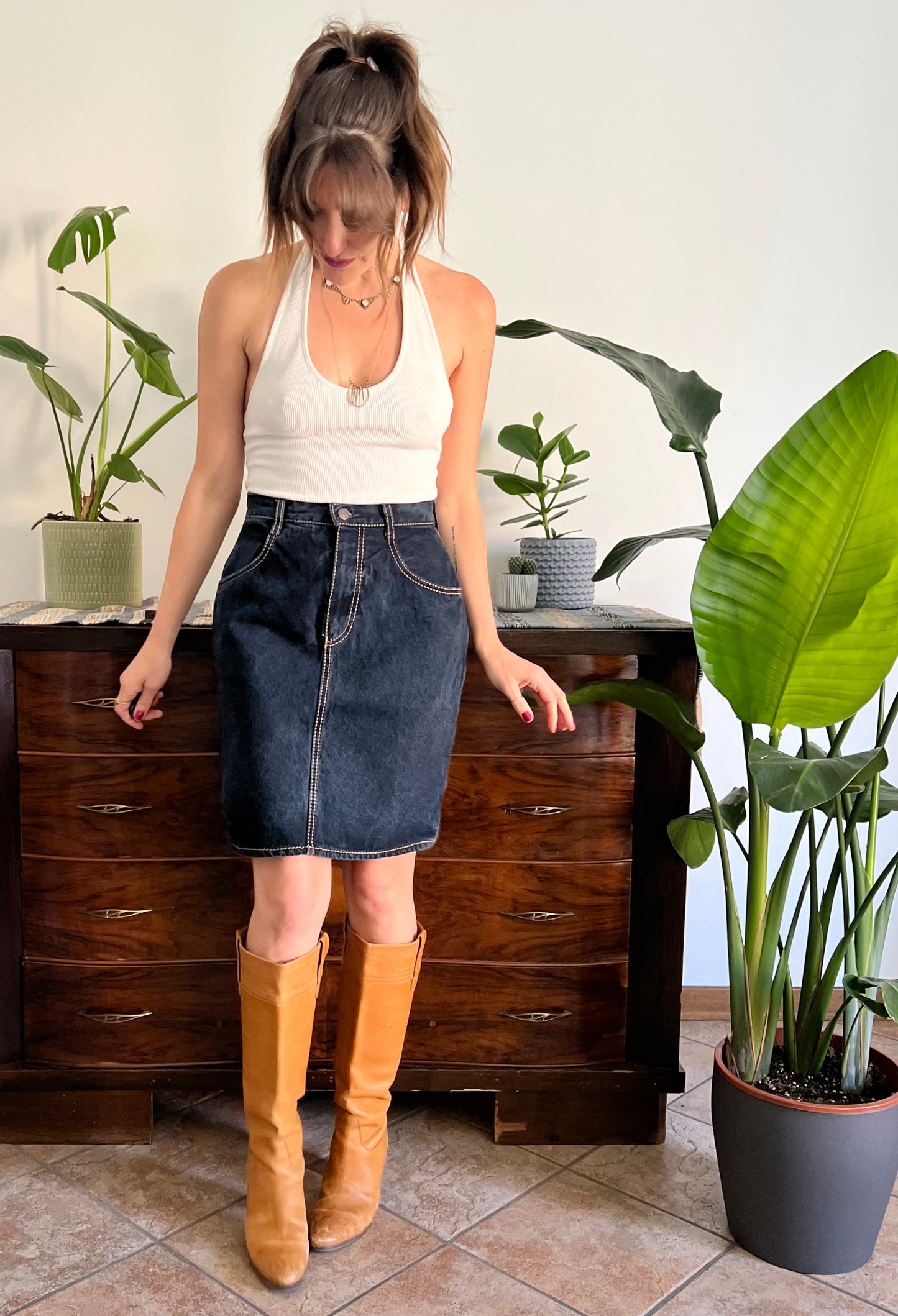1990's vintage dark blue denim pencil skirt