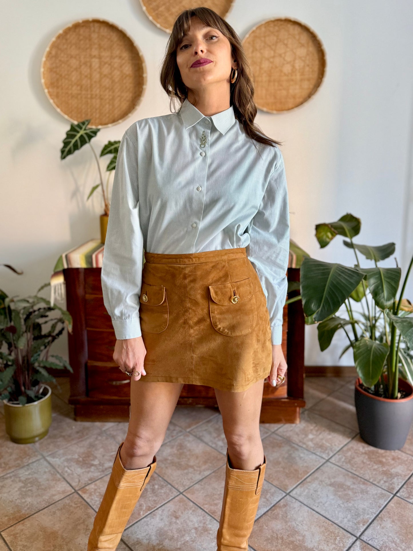 1990's vintage mint green and cream stripe shirt with green floral embroidery