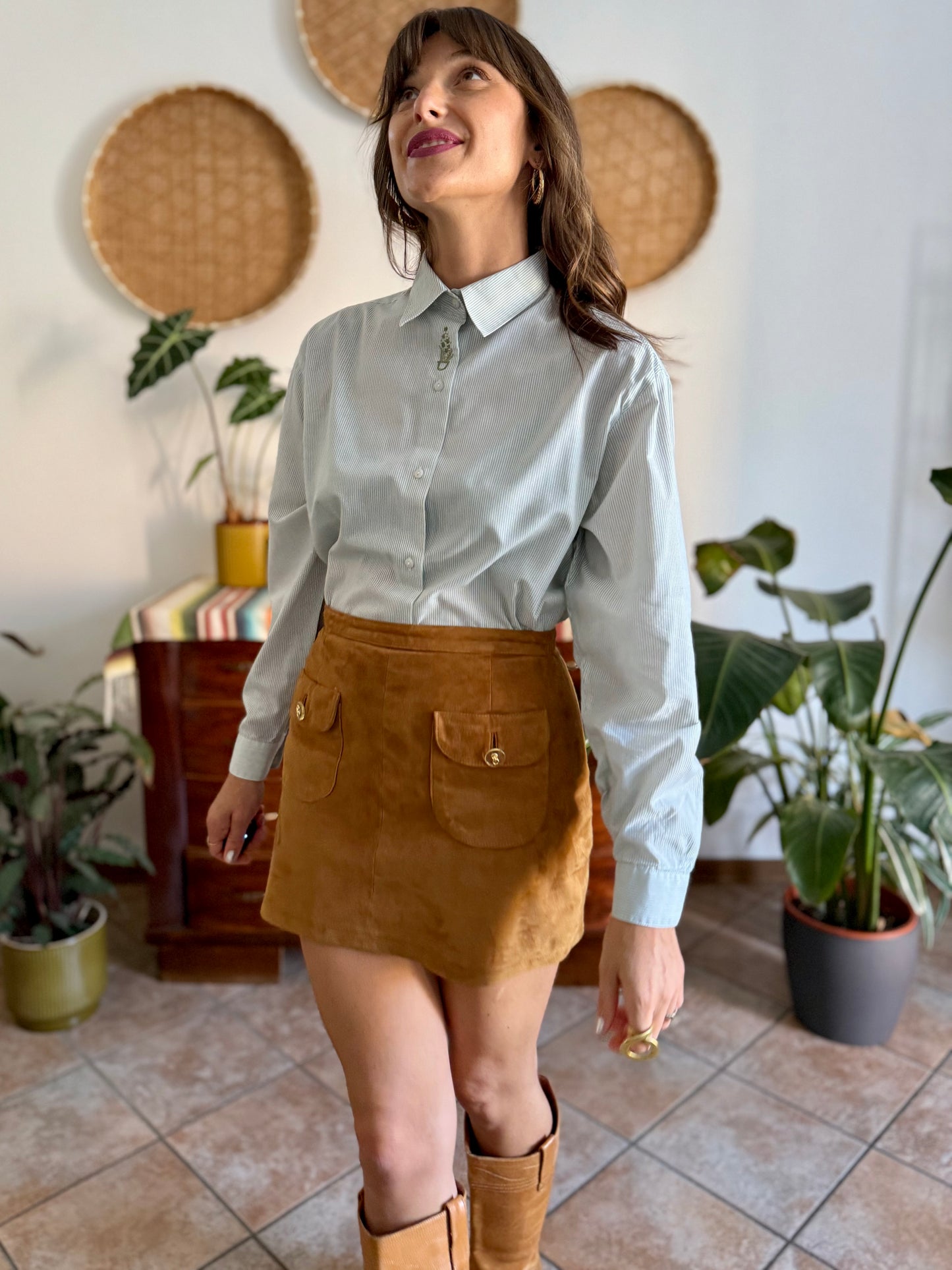 1990's vintage mint green and cream stripe shirt with green floral embroidery