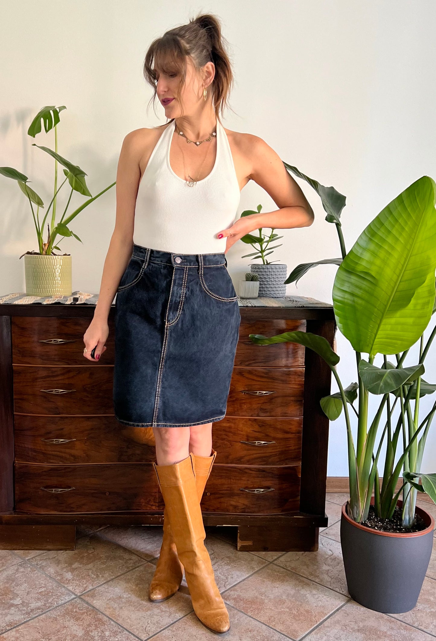 1990's vintage dark blue denim pencil skirt