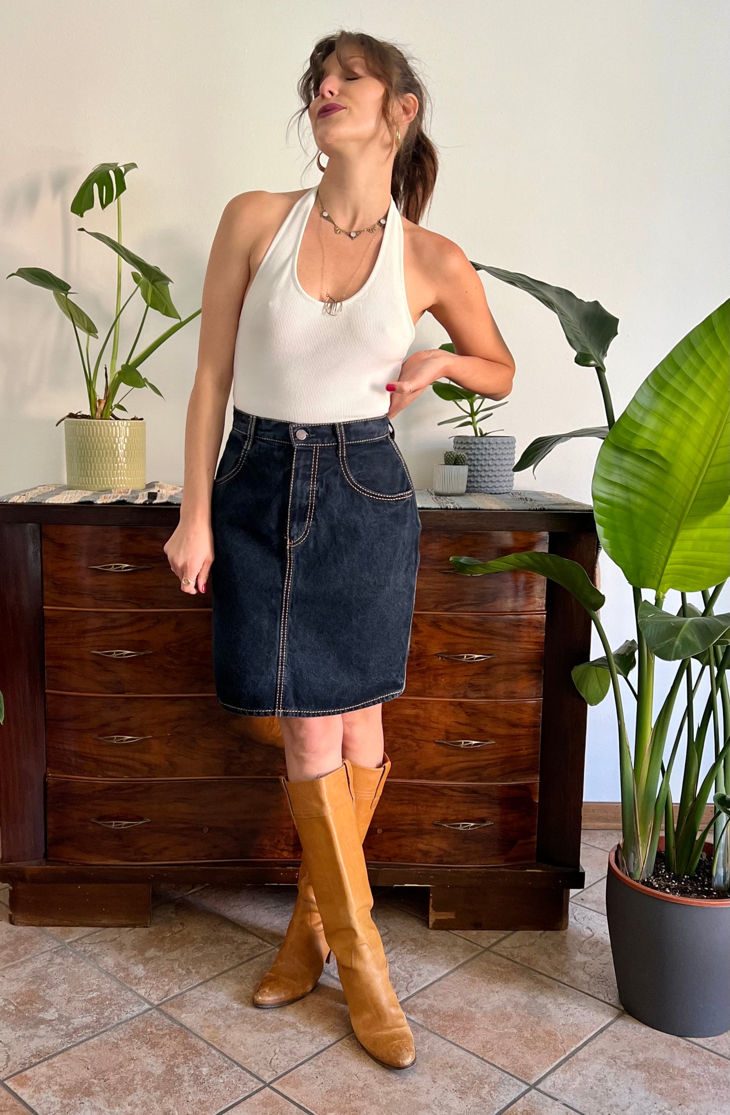 1990's vintage dark blue denim pencil skirt