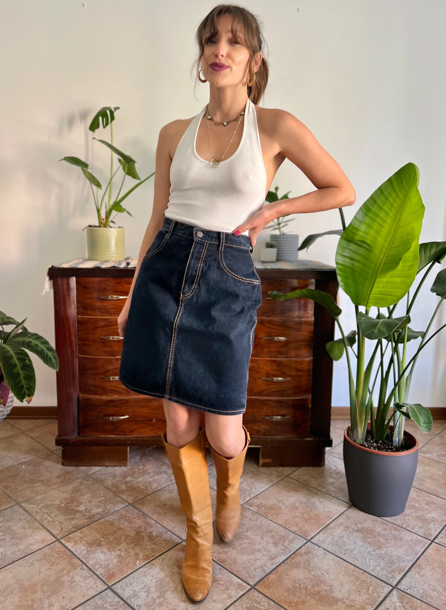 1990's vintage dark blue denim pencil skirt