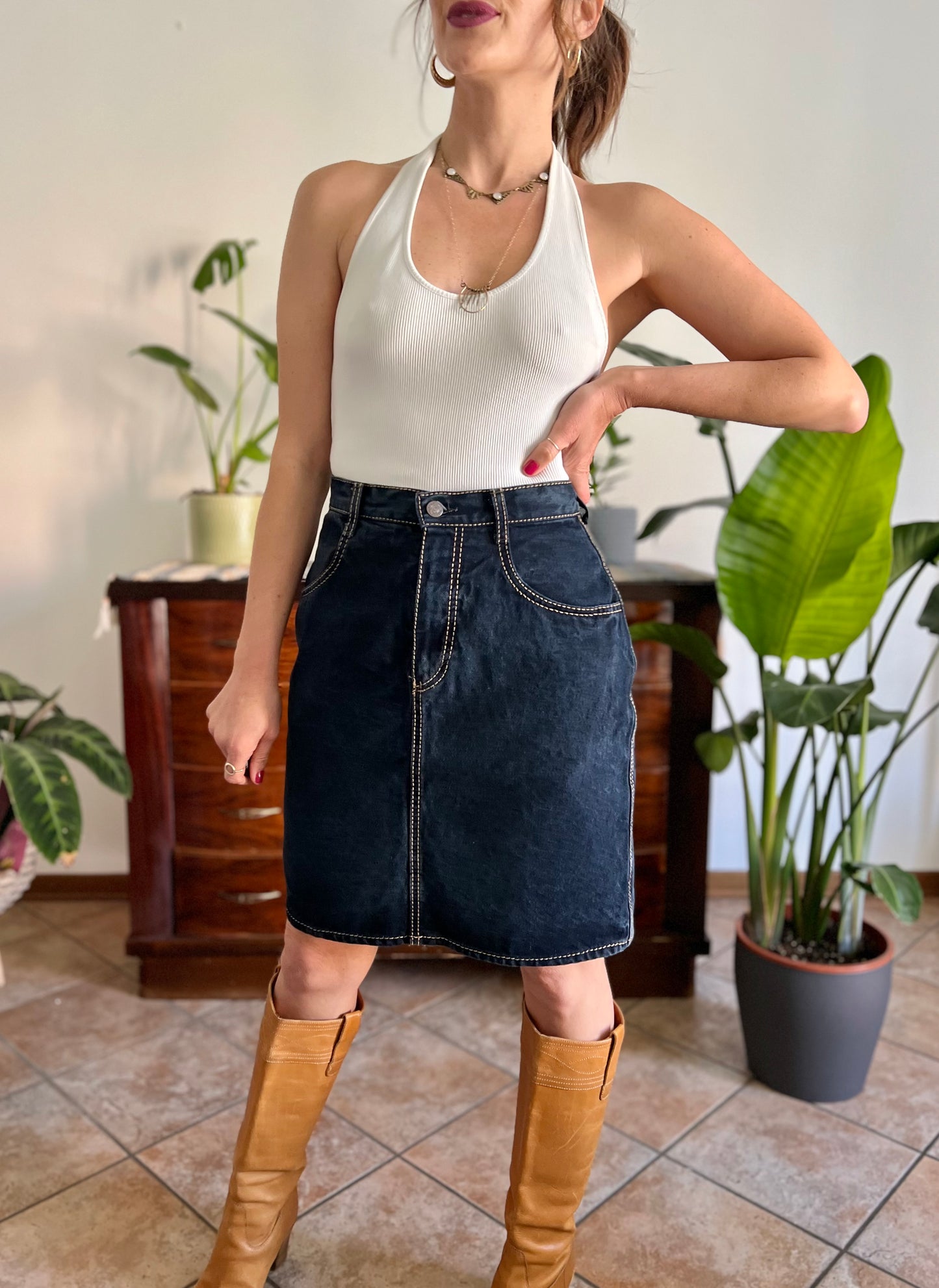 1990's vintage dark blue denim pencil skirt