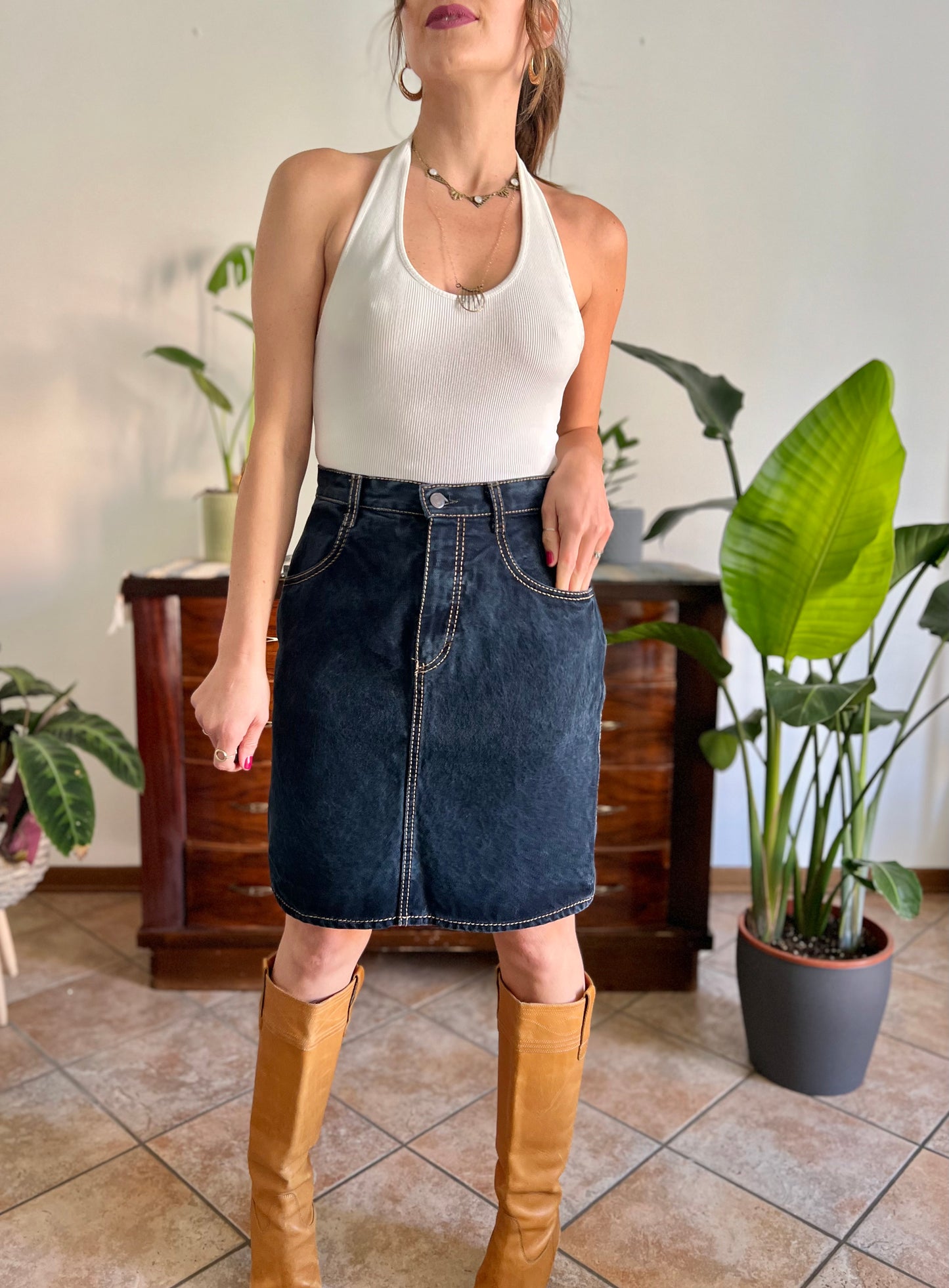 1990's vintage dark blue denim pencil skirt