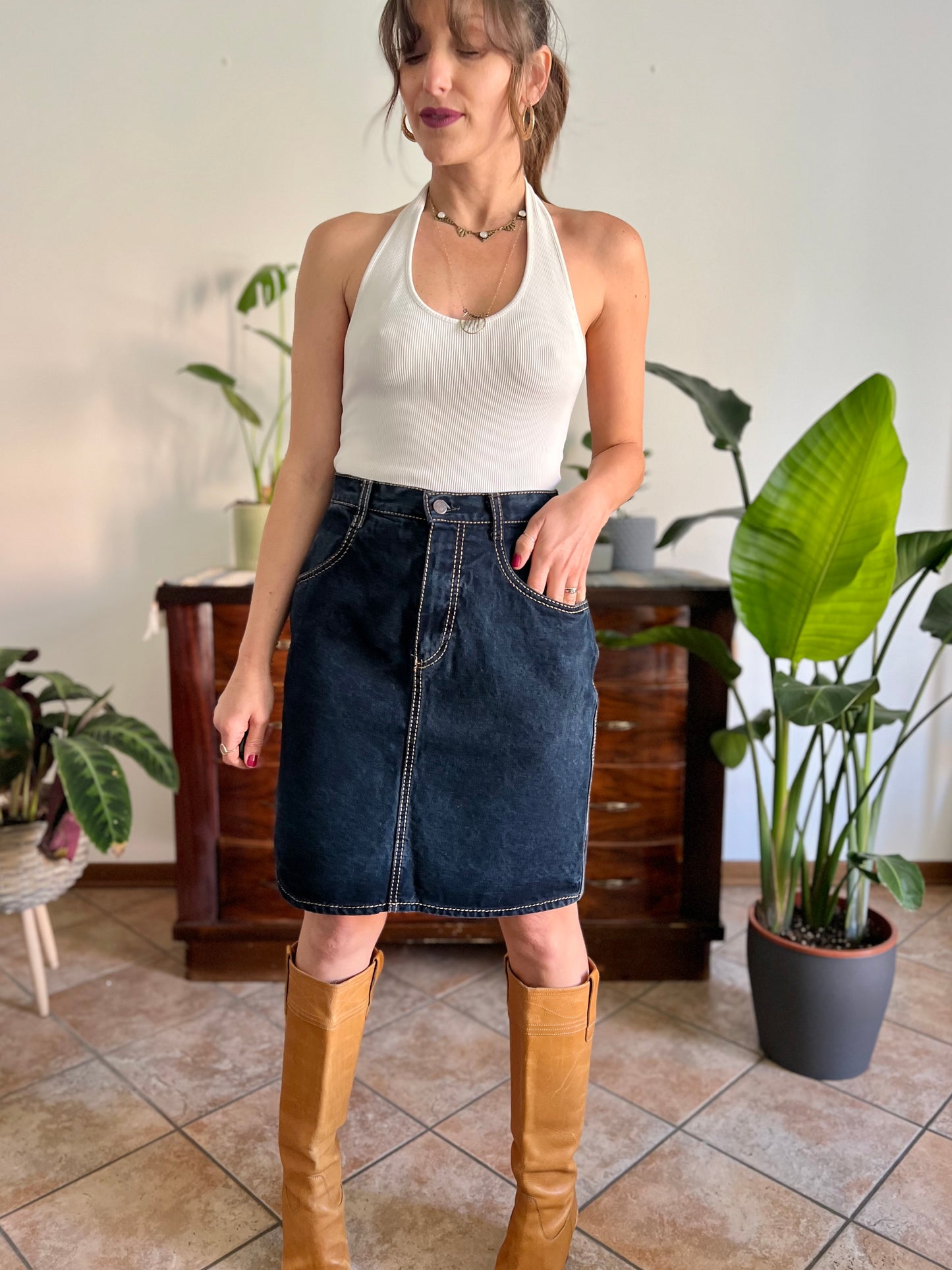 1990's vintage dark blue denim pencil skirt