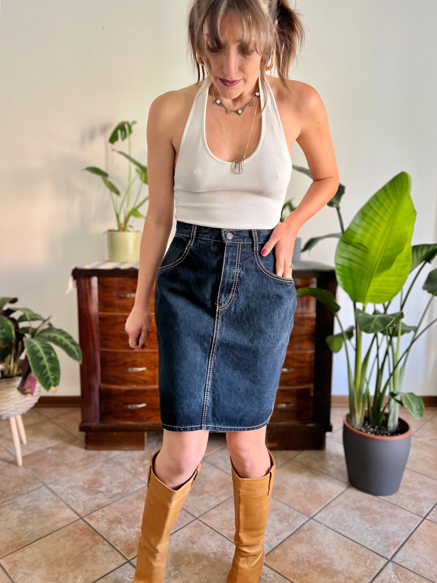 1990's vintage dark blue denim pencil skirt