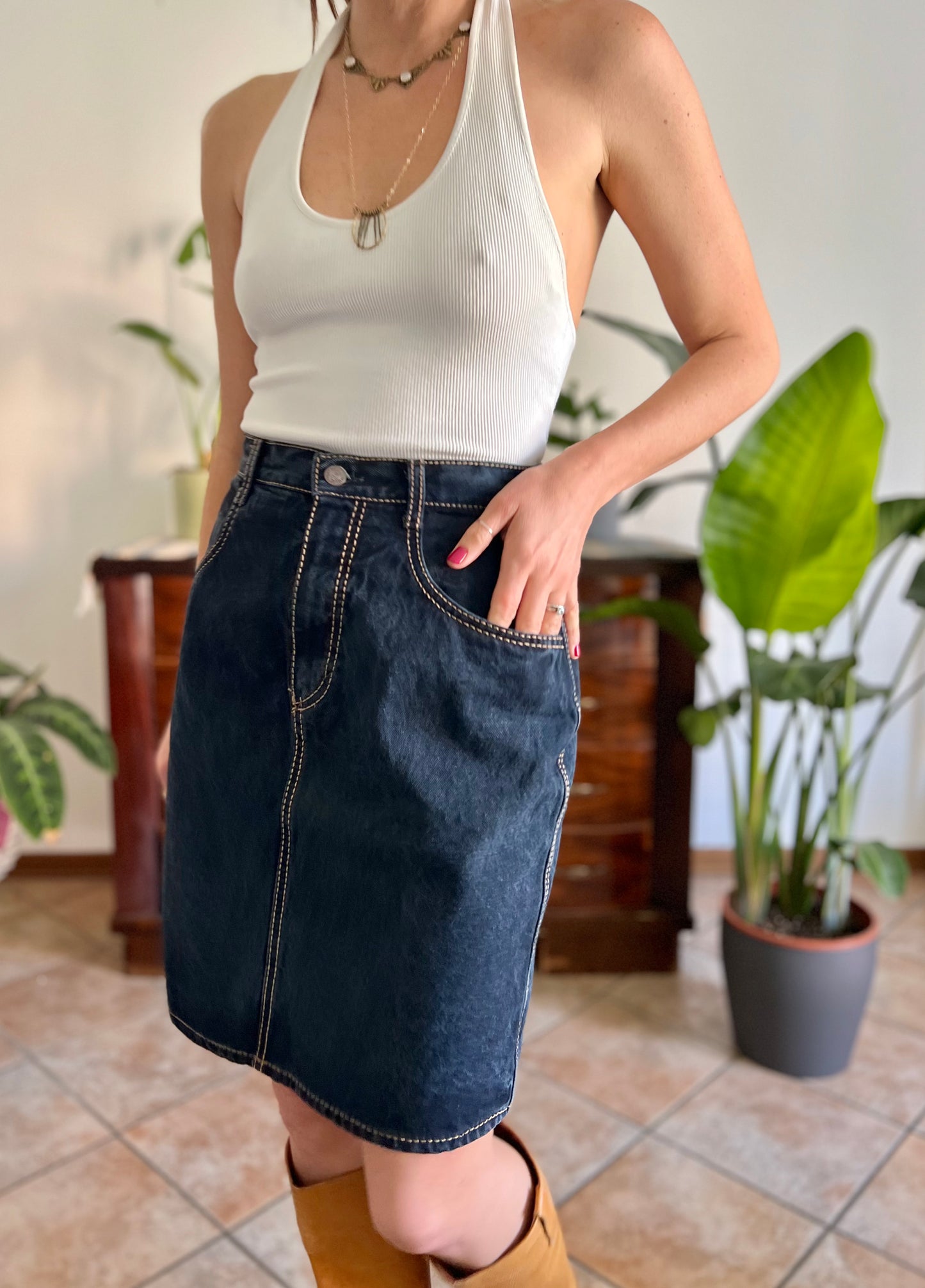 1990's vintage dark blue denim pencil skirt