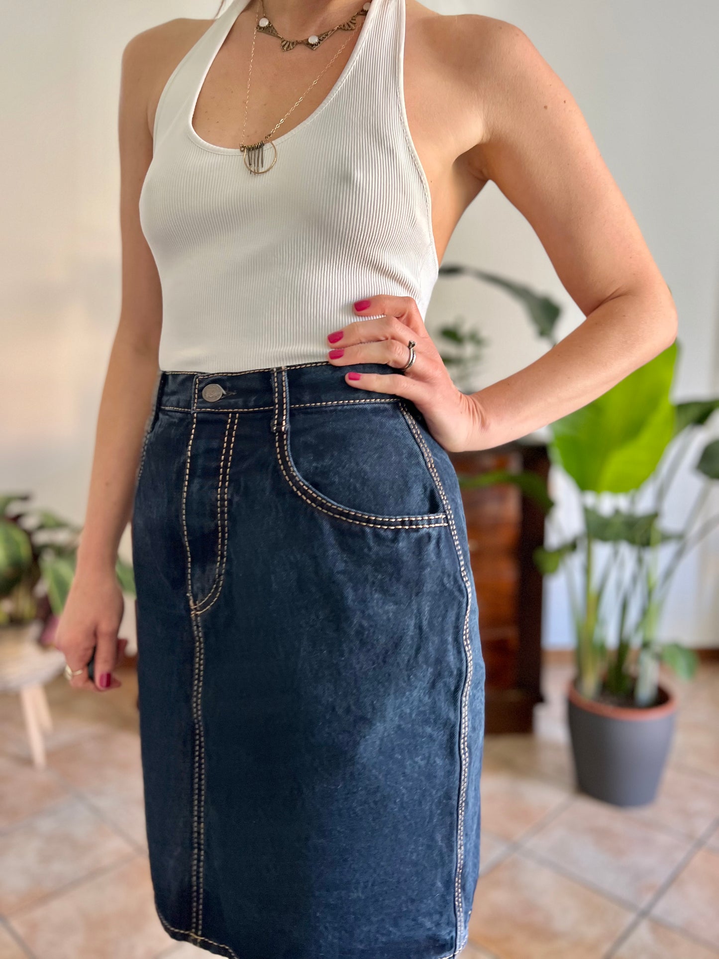 1990's vintage dark blue denim pencil skirt