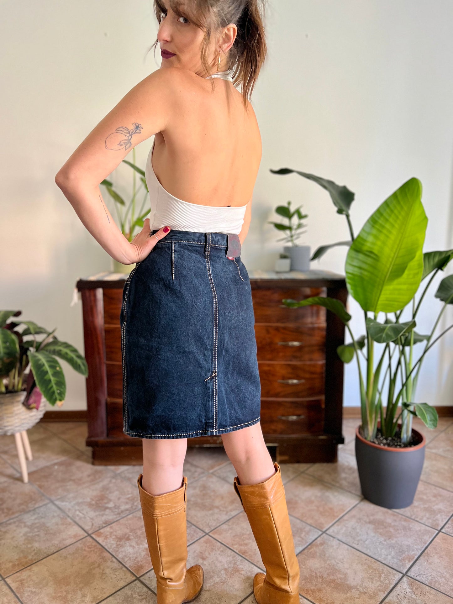 1990's vintage dark blue denim pencil skirt