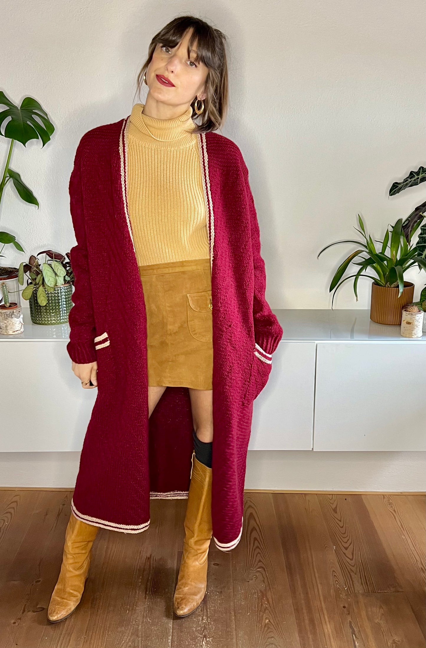 1970's vintage burgundy oversize knit duster cardigan with beige details