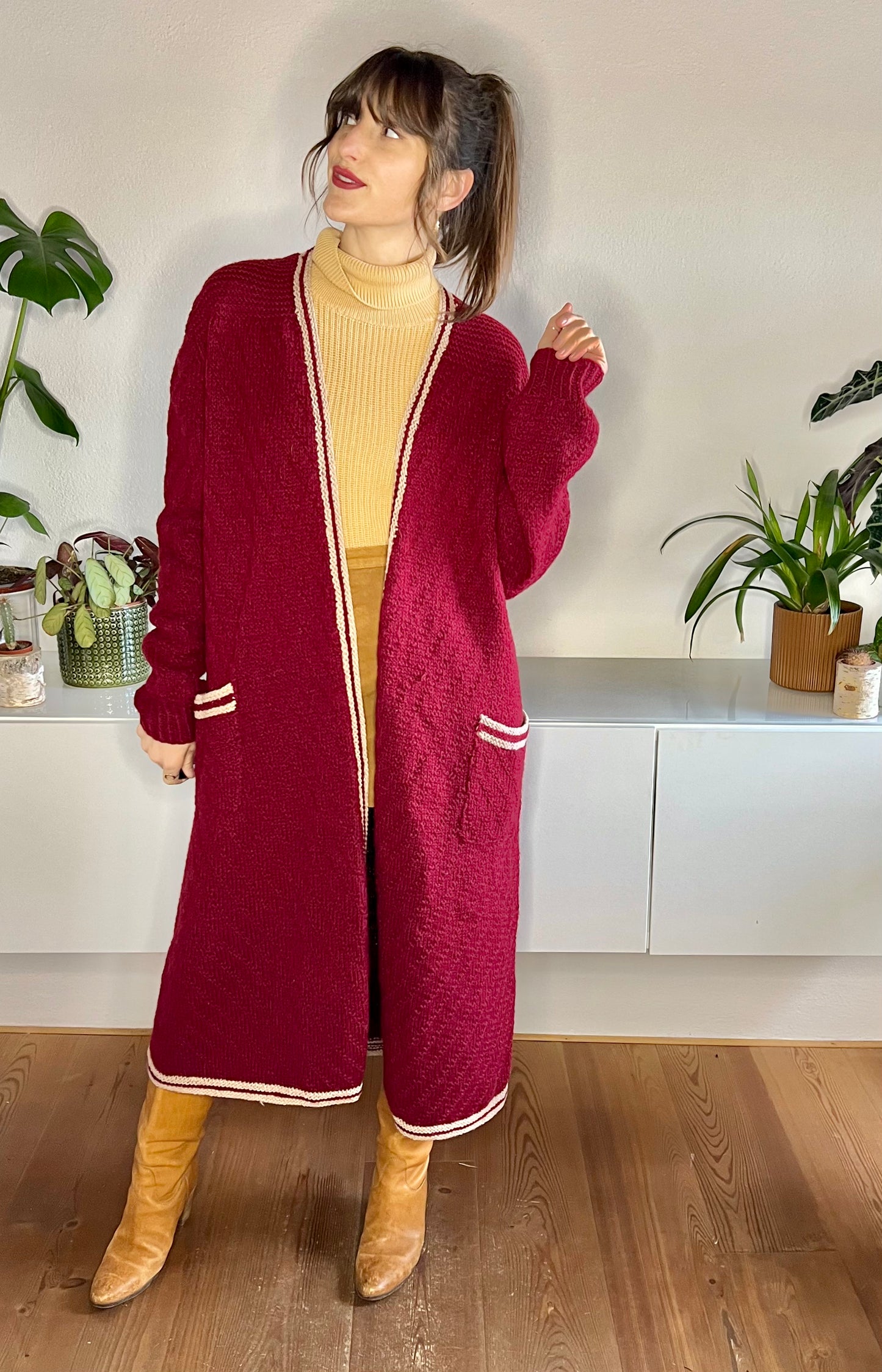 1970's vintage burgundy oversize knit duster cardigan with beige details