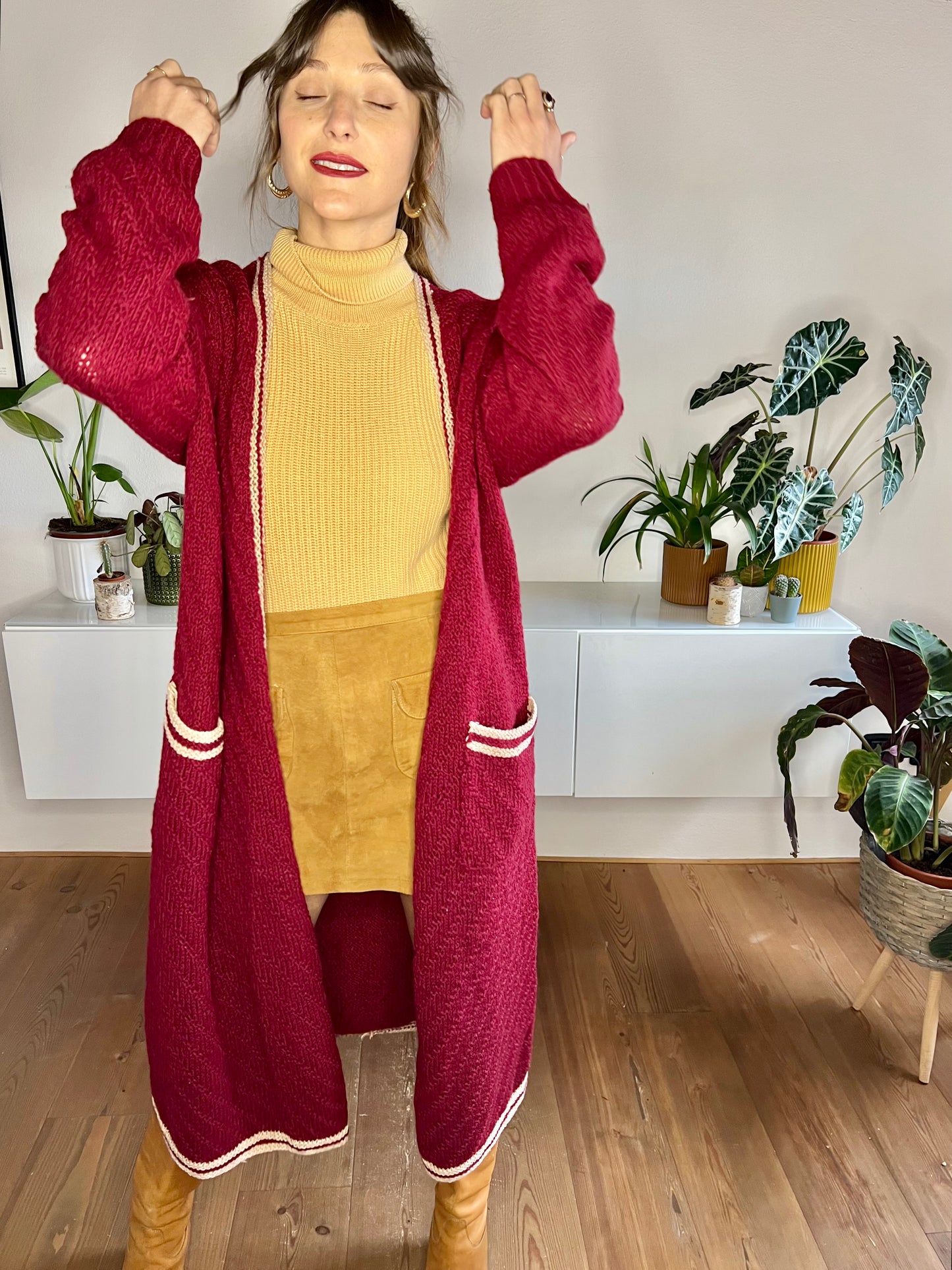 1970's vintage burgundy oversize knit duster cardigan with beige details