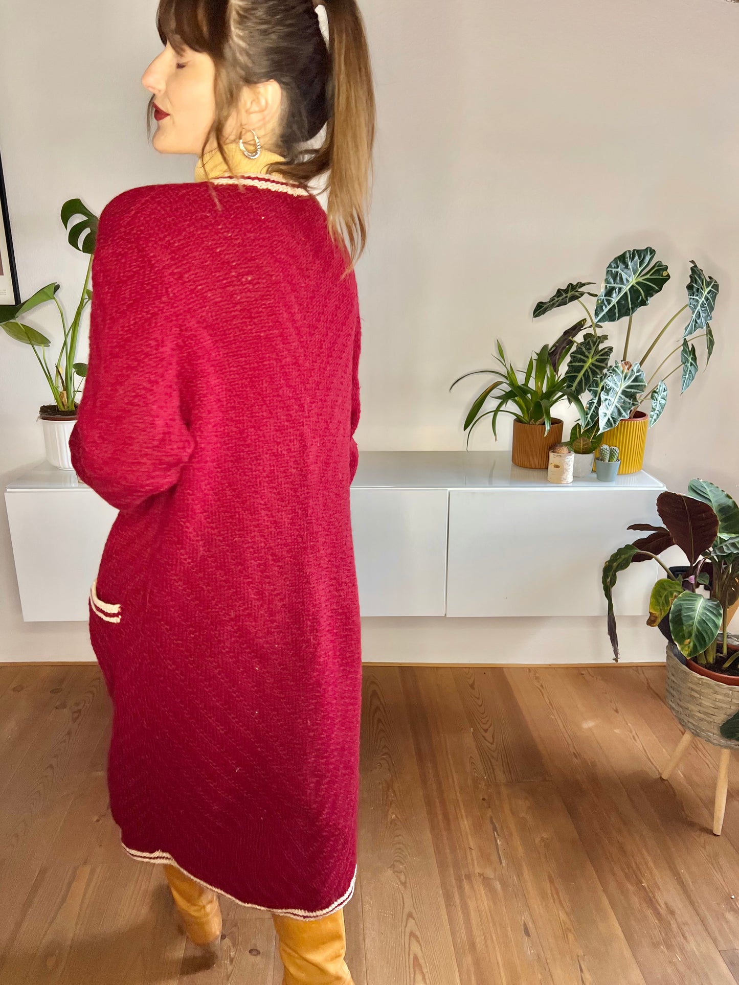 1970's vintage burgundy oversize knit duster cardigan with beige details