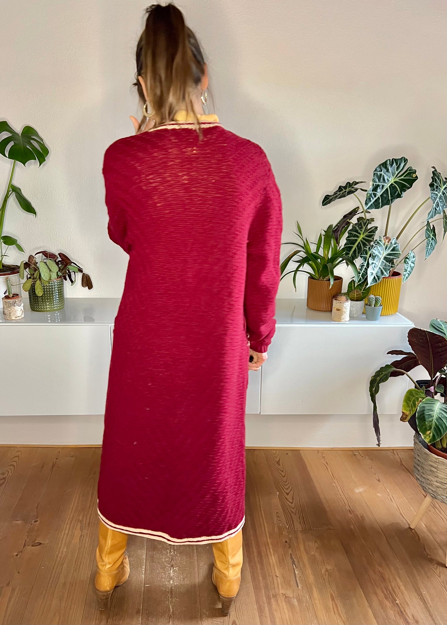 1970's vintage burgundy oversize knit duster cardigan with beige details