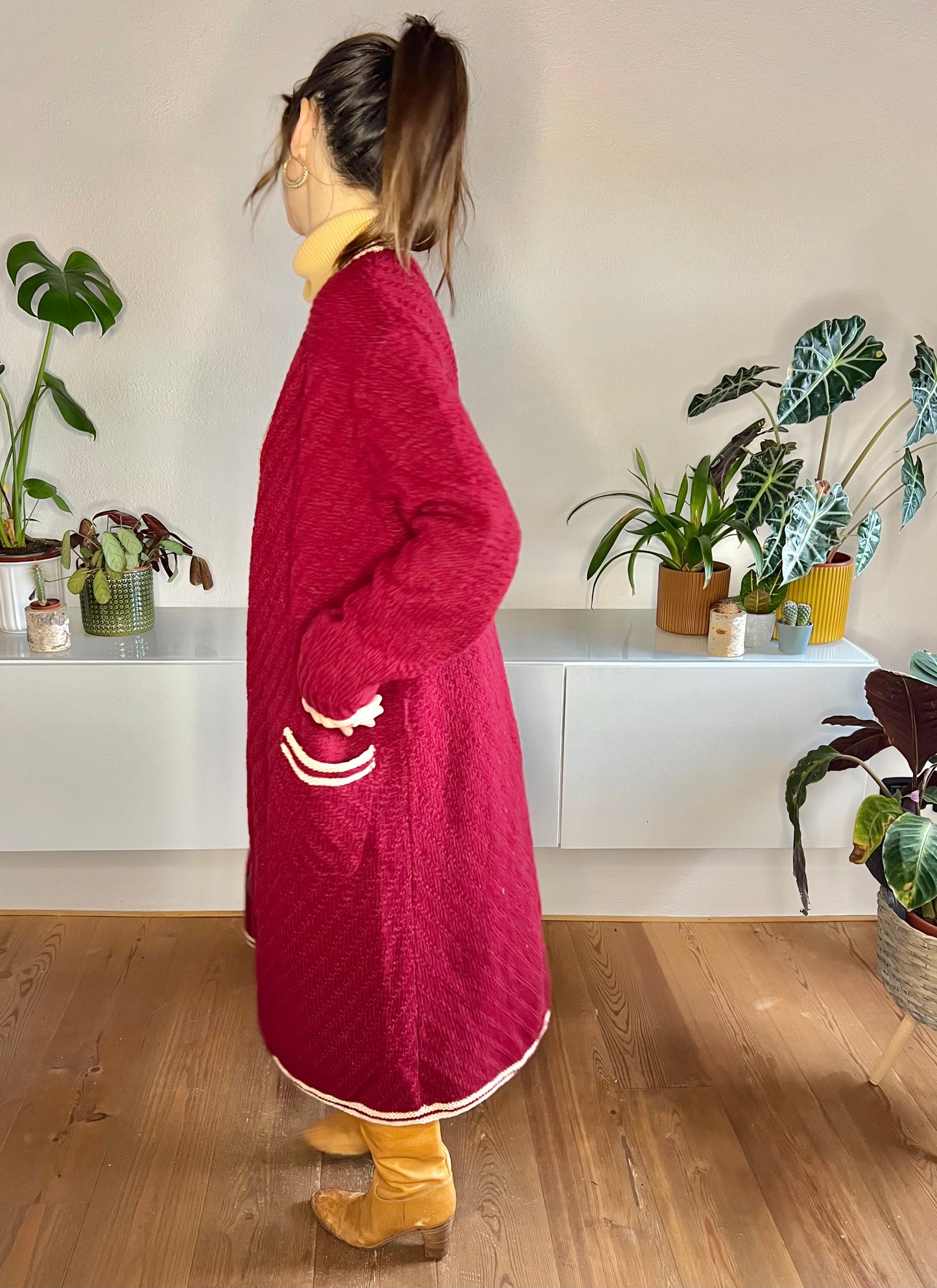 1970's vintage burgundy oversize knit duster cardigan with beige details