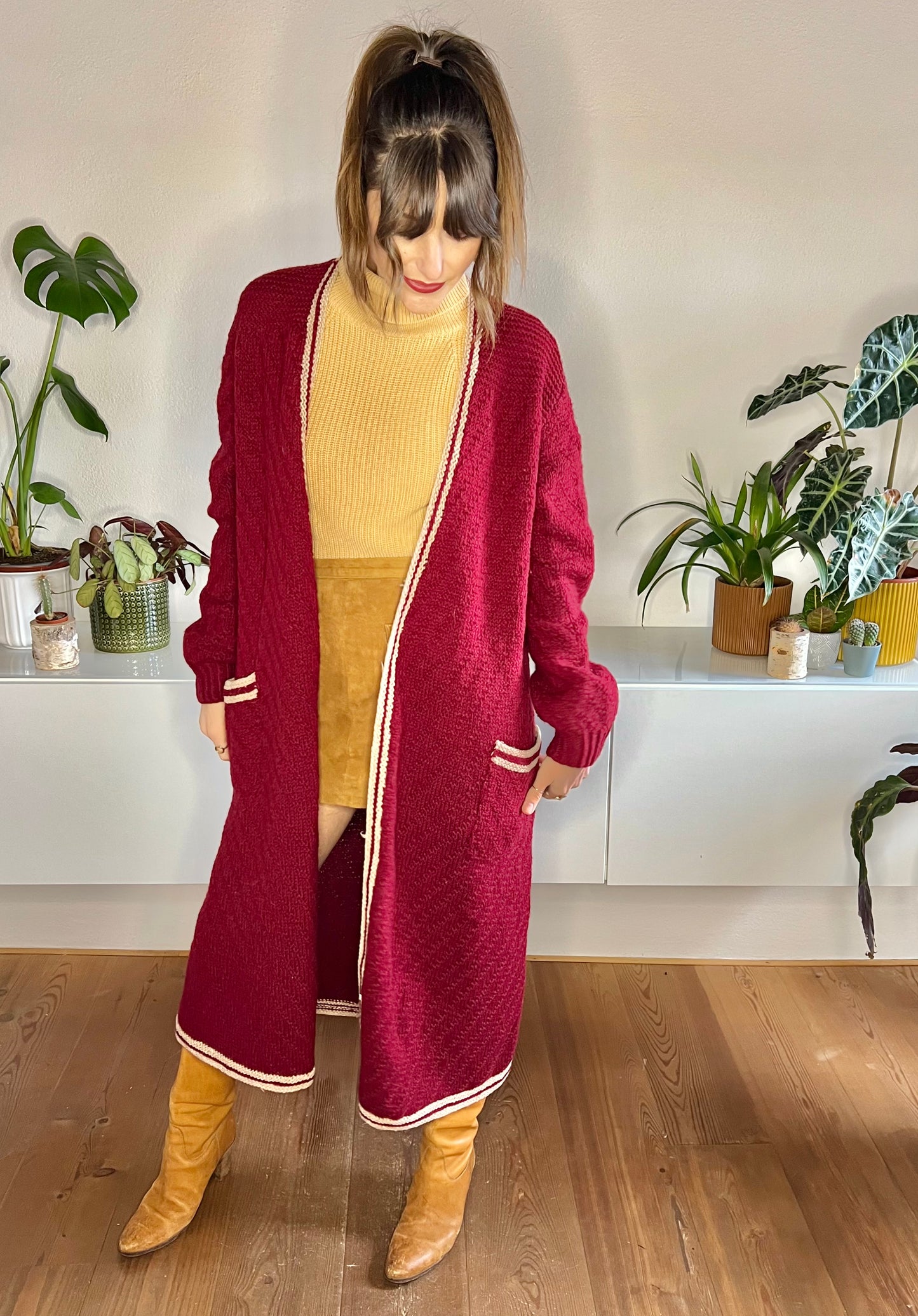 1970's vintage burgundy oversize knit duster cardigan with beige details