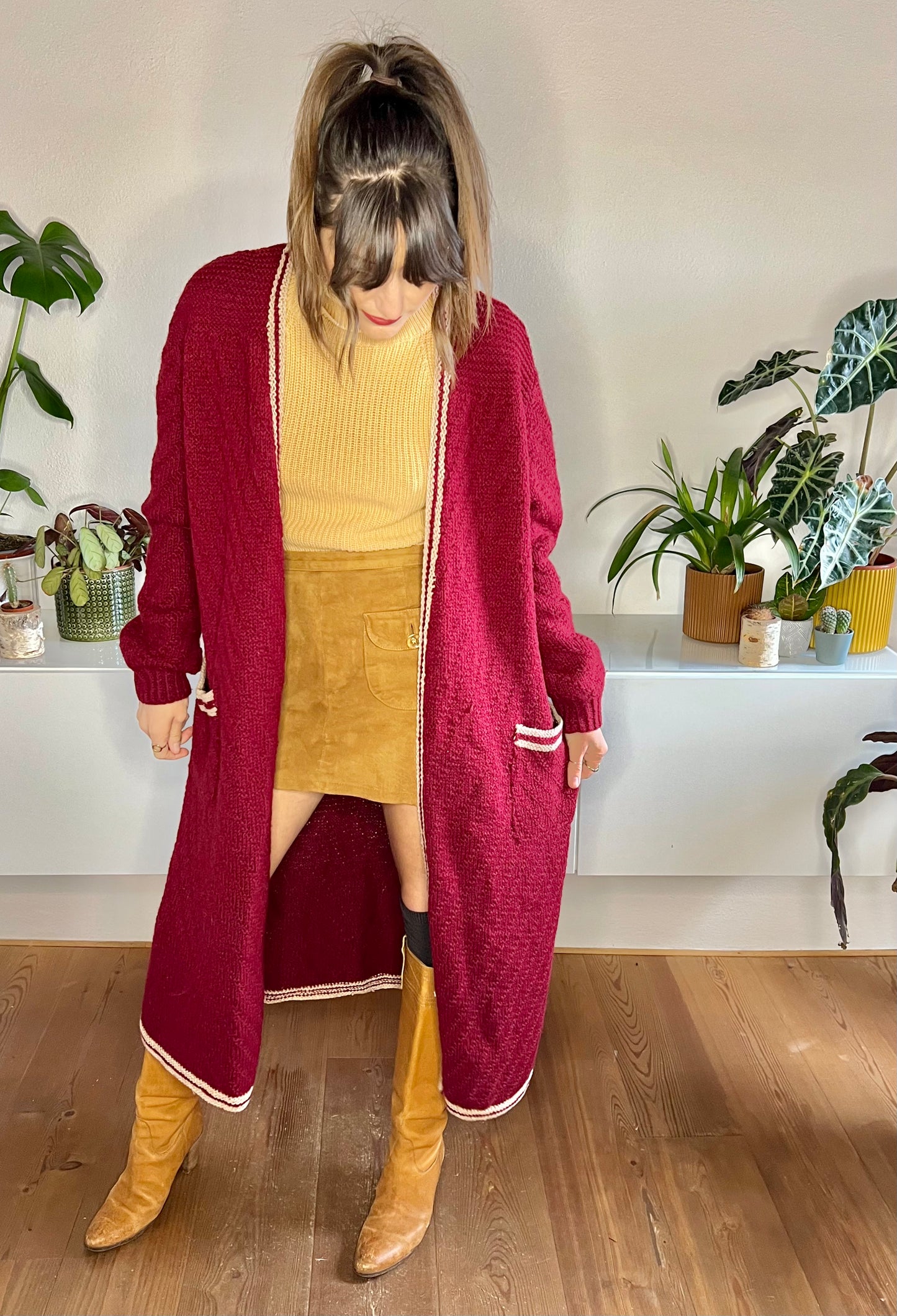 1970's vintage burgundy oversize knit duster cardigan with beige details
