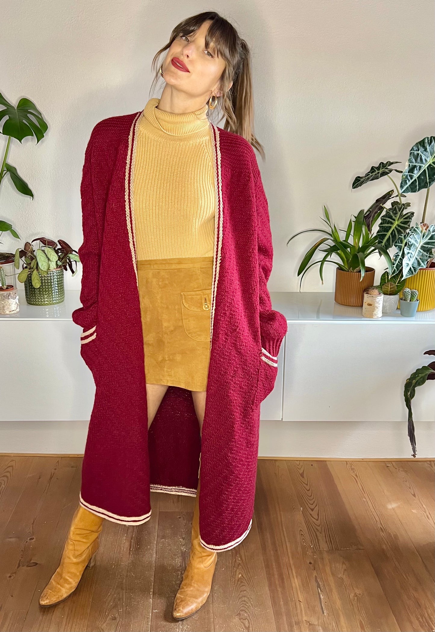 1970's vintage burgundy oversize knit duster cardigan with beige details