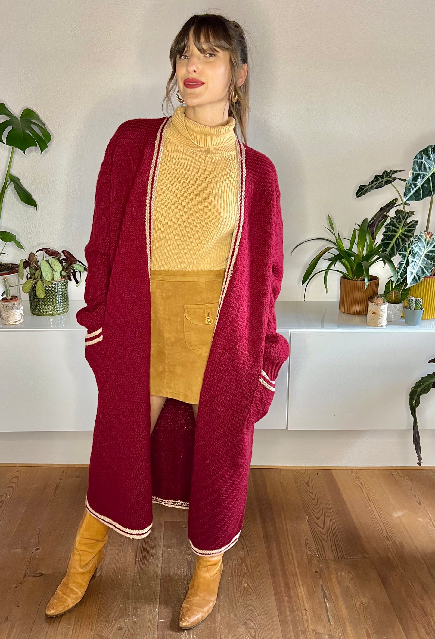 1970's vintage burgundy oversize knit duster cardigan with beige details