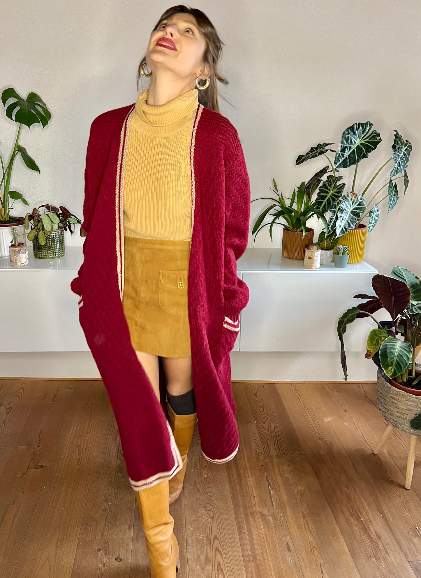 1970's vintage burgundy oversize knit duster cardigan with beige details