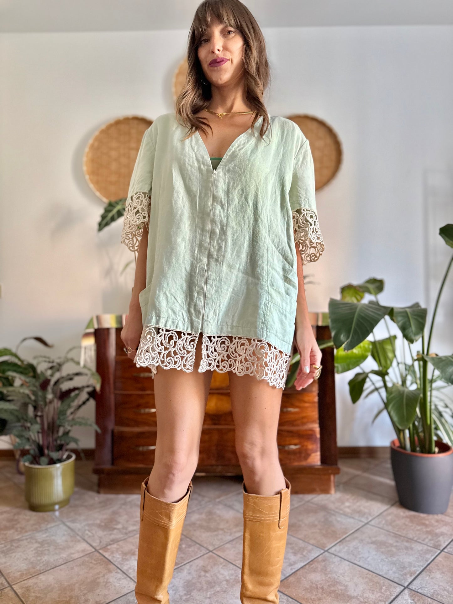 1970's vintage oversize mint green linen mini dress with crocheted detailing