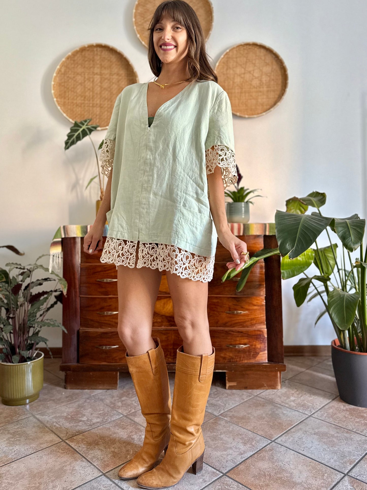 1970's vintage oversize mint green linen mini dress with crocheted detailing