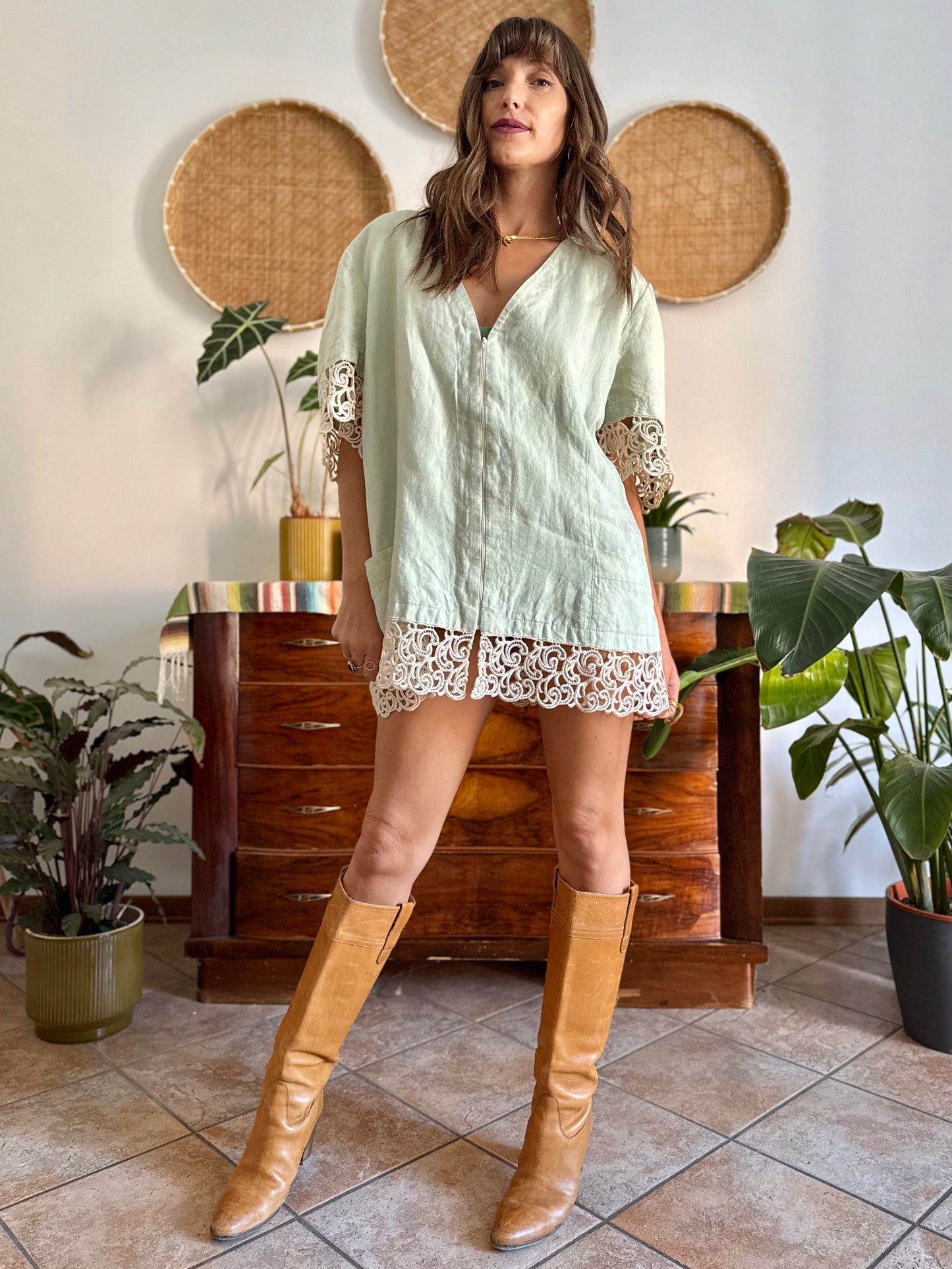 1970's vintage oversize mint green linen mini dress with crocheted detailing