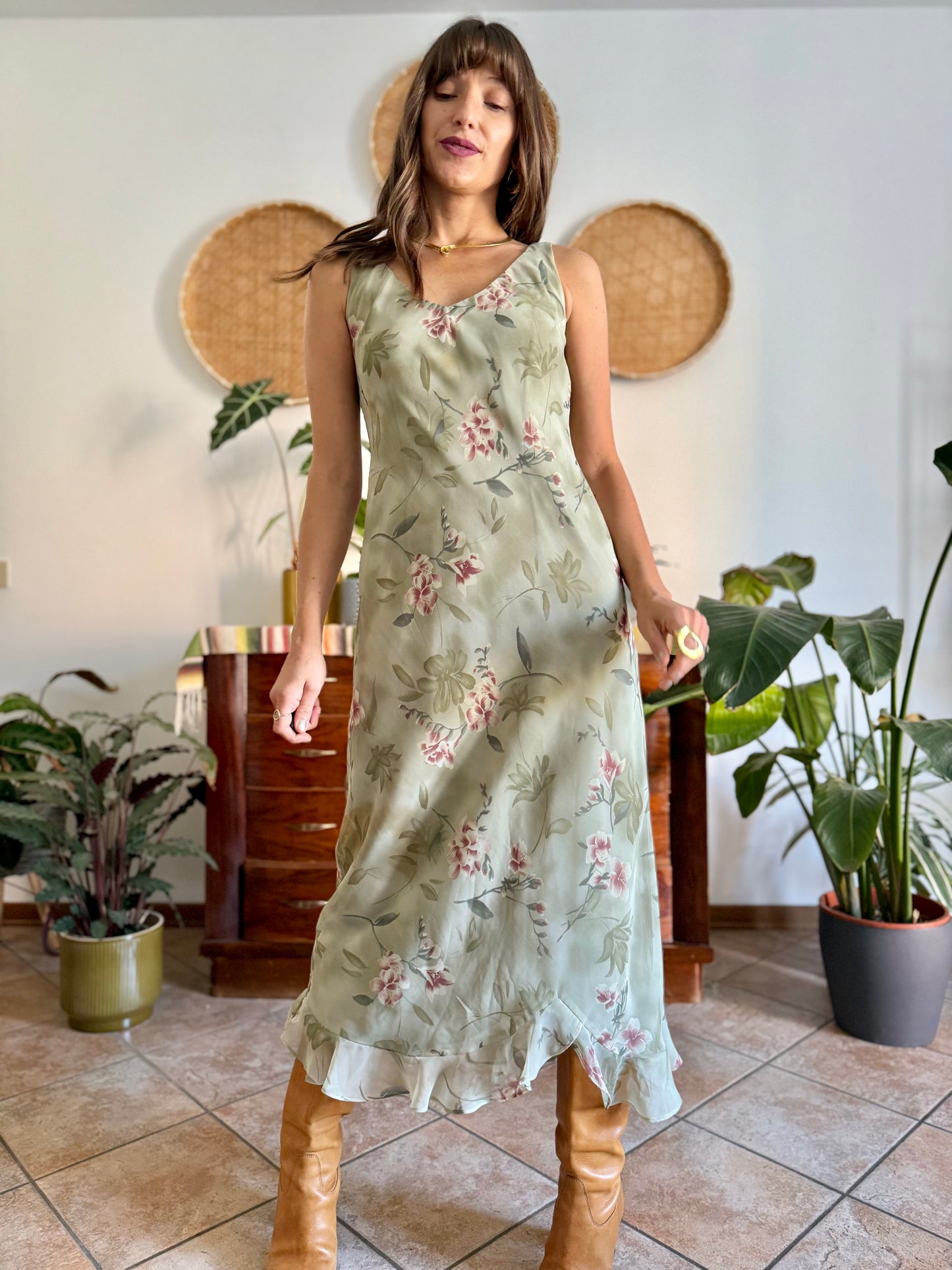 1990's vintage green maxi slip dress pink floral print