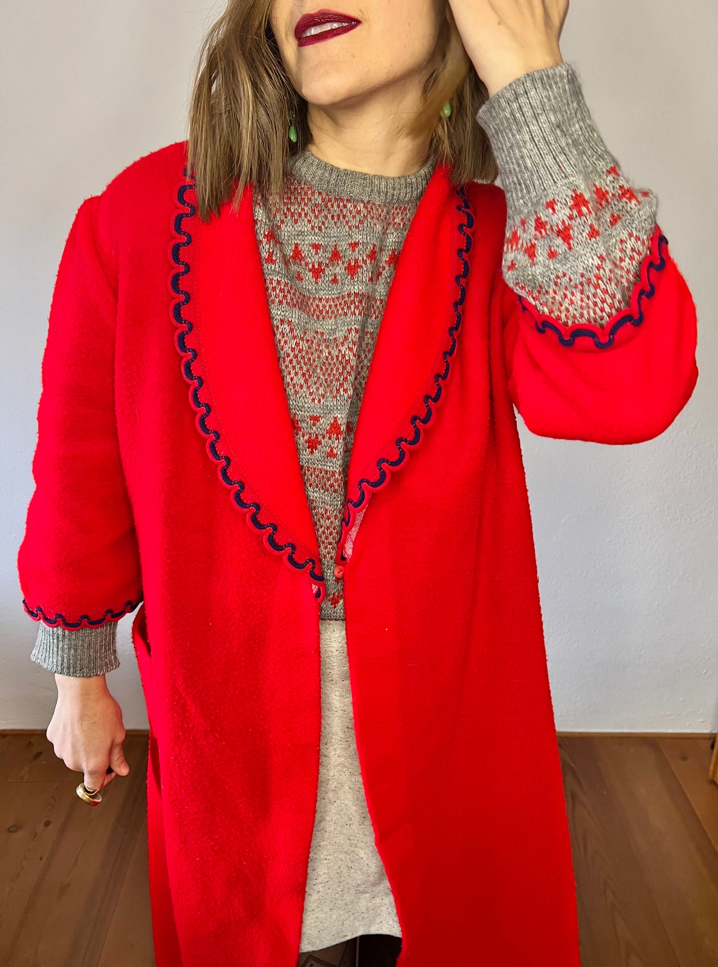 1970's vintage red house coat with navy scallop trim
