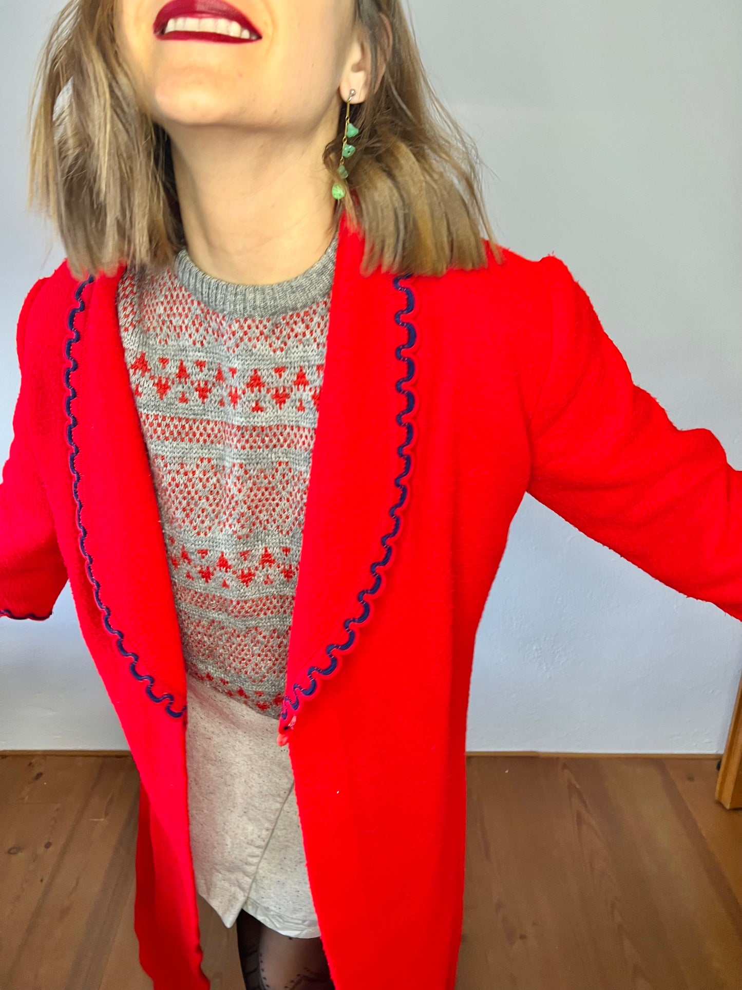 1970's vintage red house coat with navy scallop trim