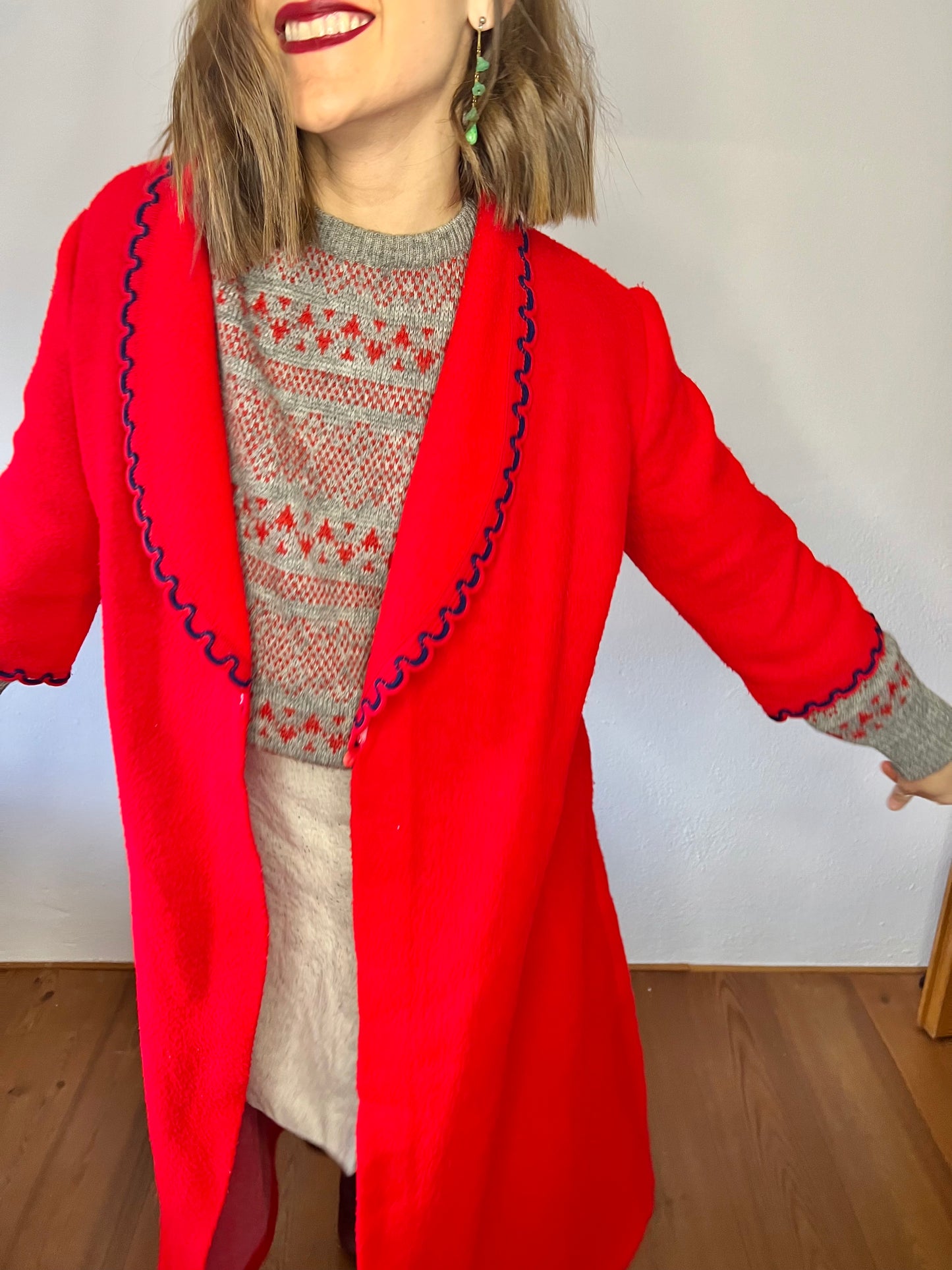 1970's vintage red house coat with navy scallop trim
