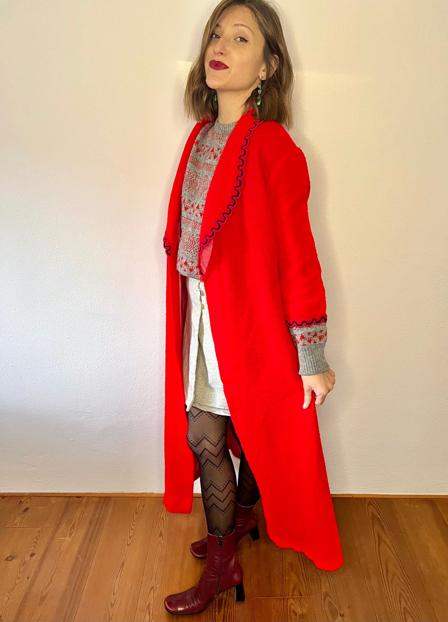 1970's vintage red house coat with navy scallop trim