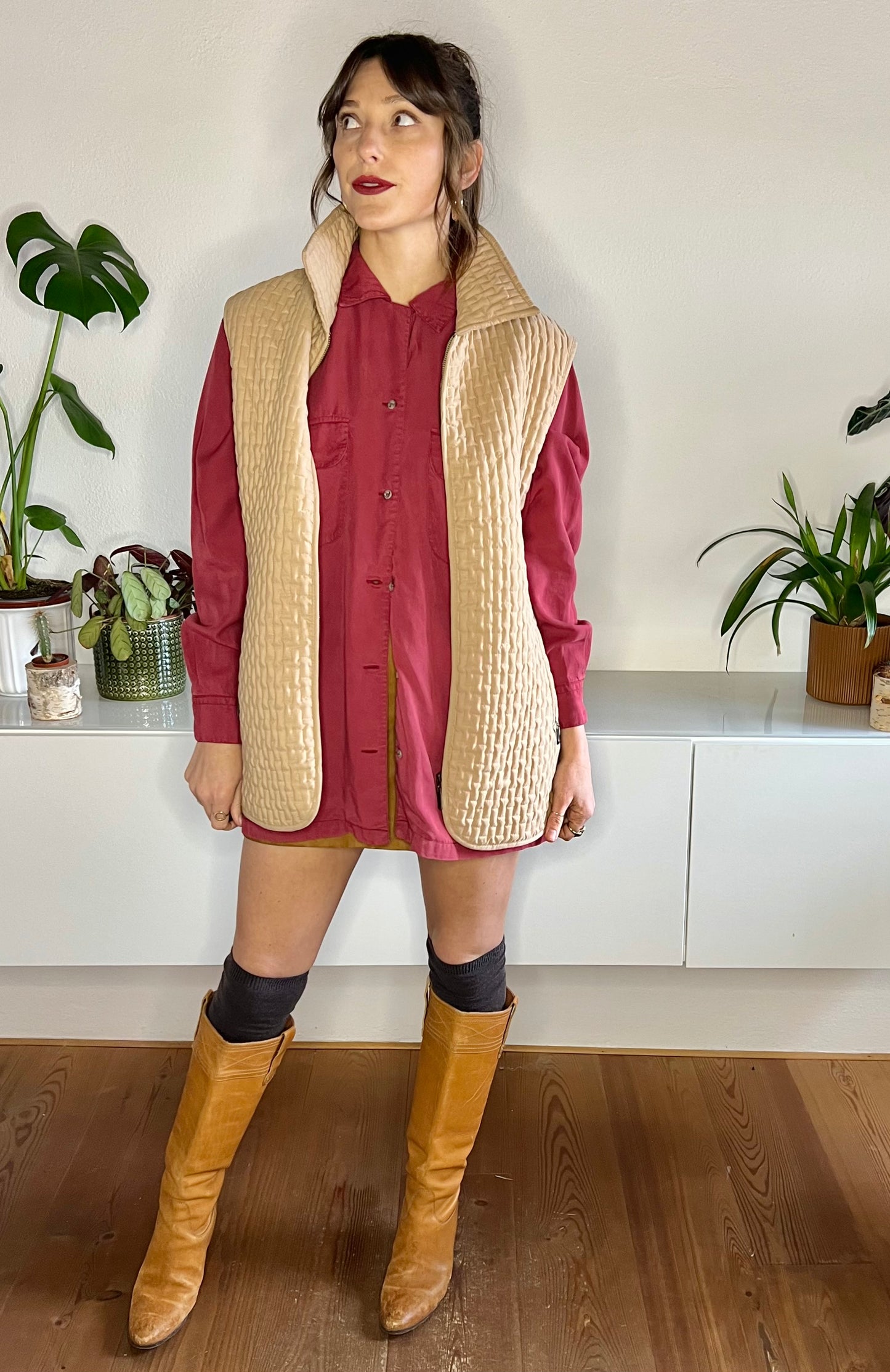 1990's vintage tan quilted vest with satin leopard print lining