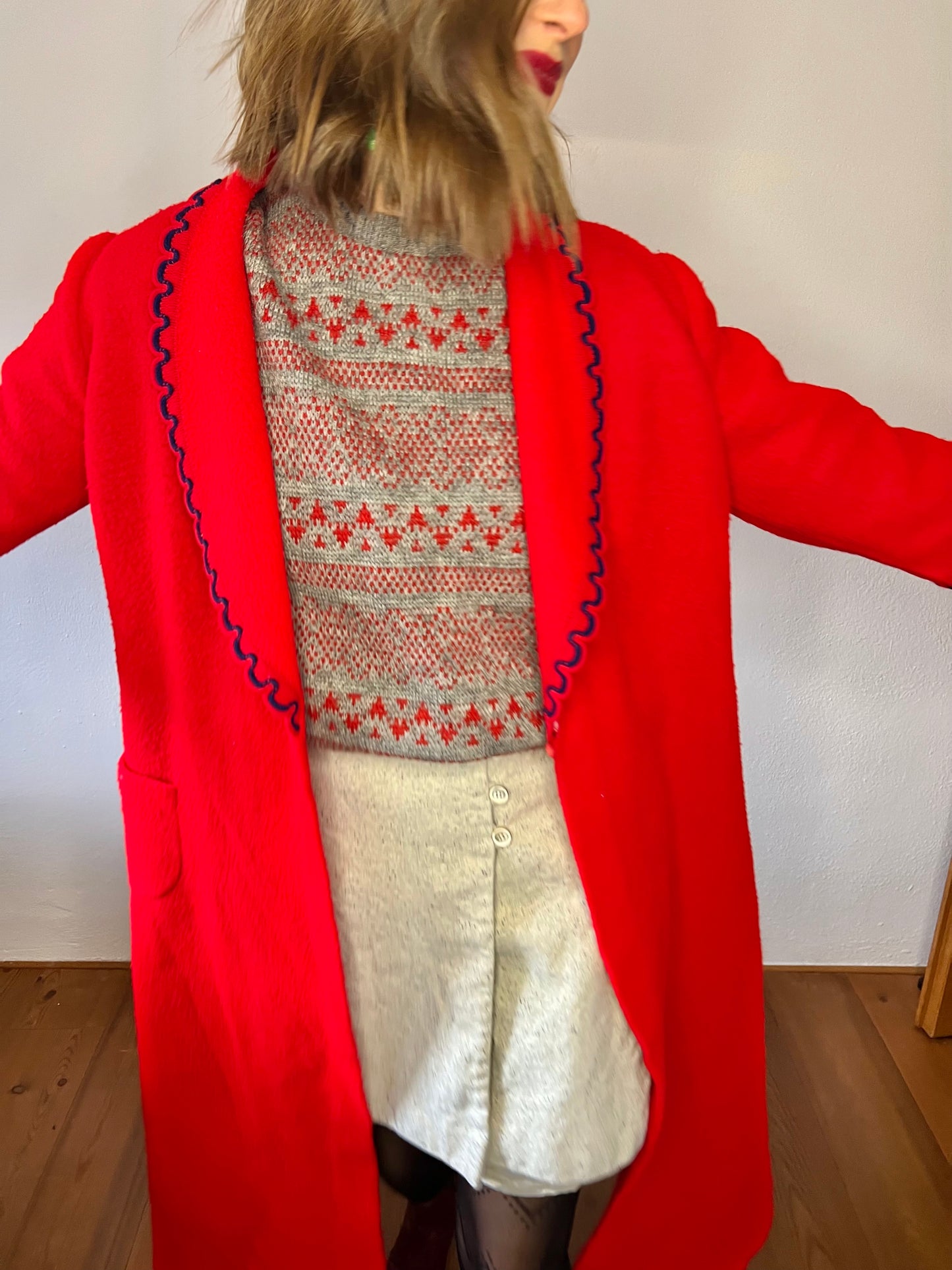 1970's vintage red house coat with navy scallop trim
