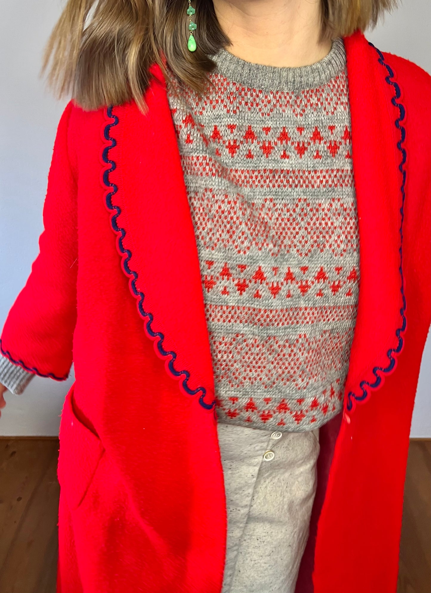 1970's vintage red house coat with navy scallop trim