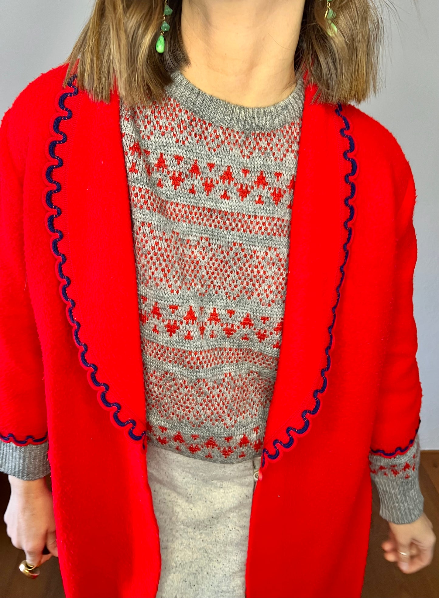 1970's vintage red house coat with navy scallop trim
