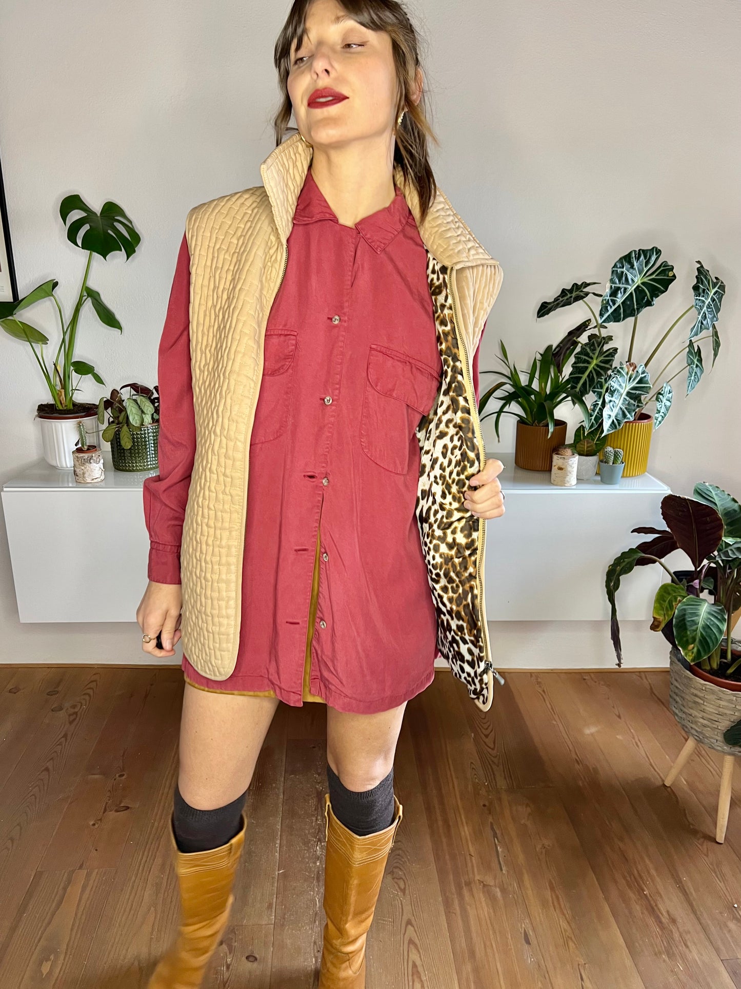 1990's vintage tan quilted vest with satin leopard print lining