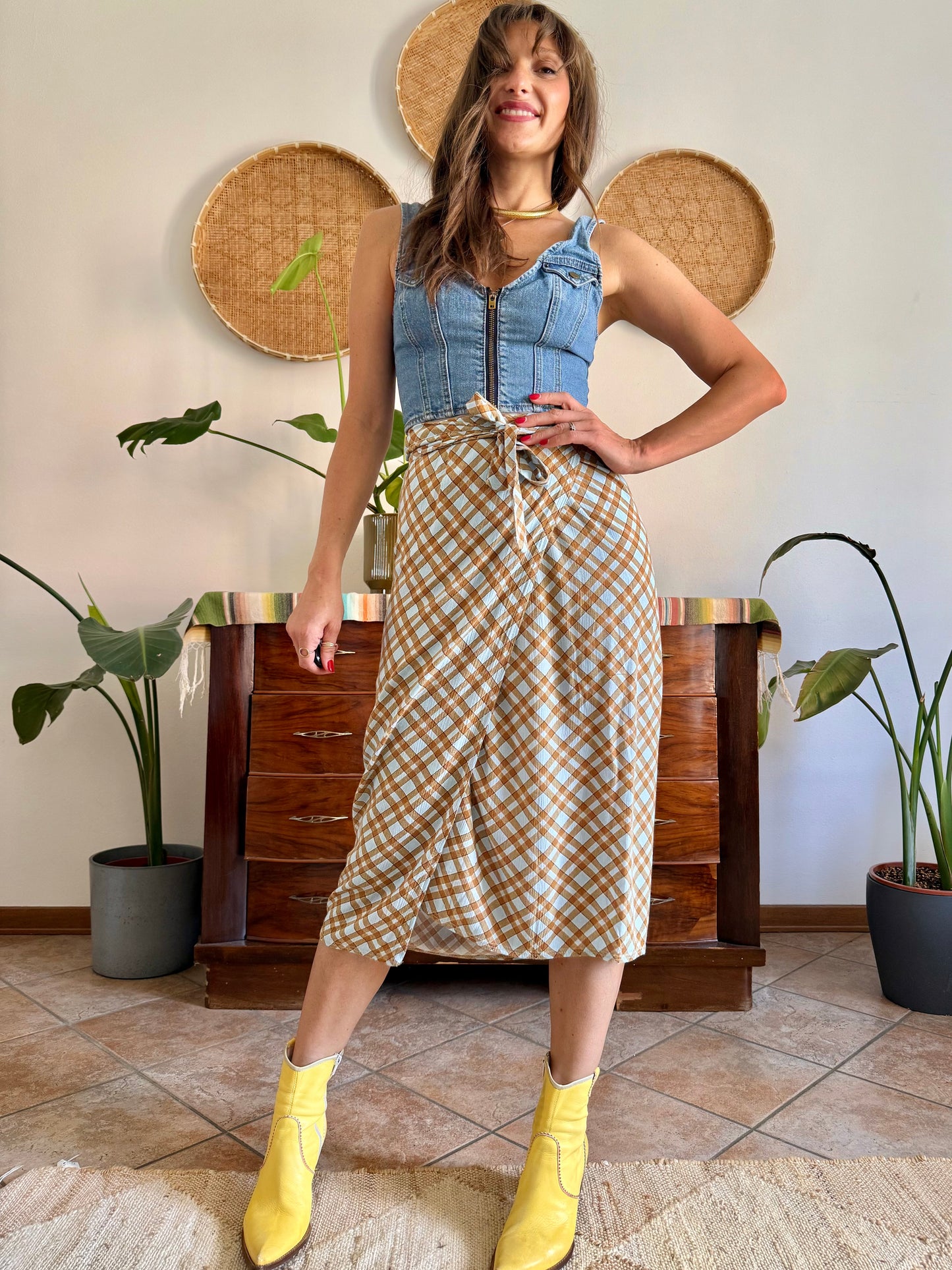 1990's vintage powder blue and brown plaid wrap skirt